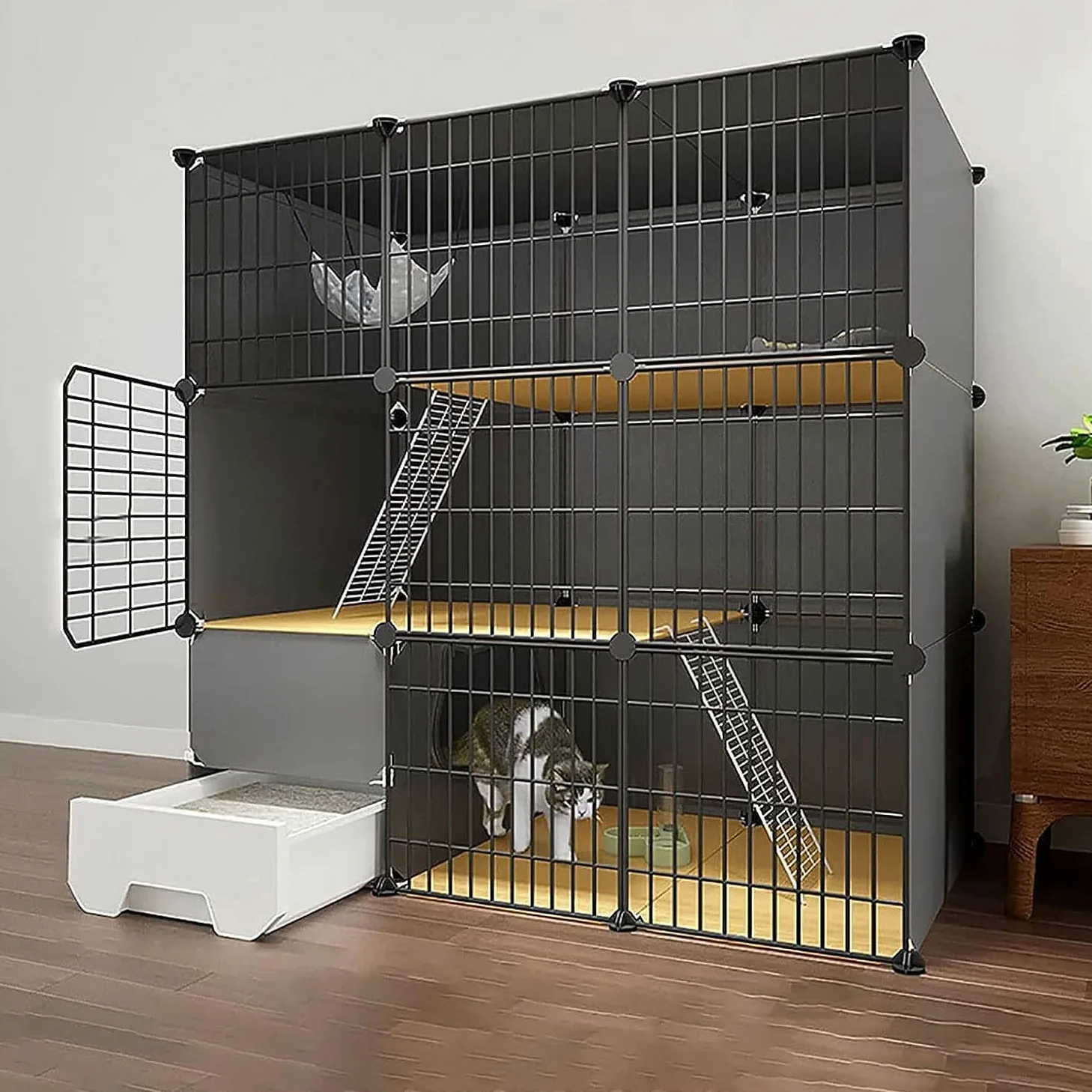 Recinzione per gatti con lettiera, box multi-livello per animali domestici, cuccia in metallo staccabile per esercizi