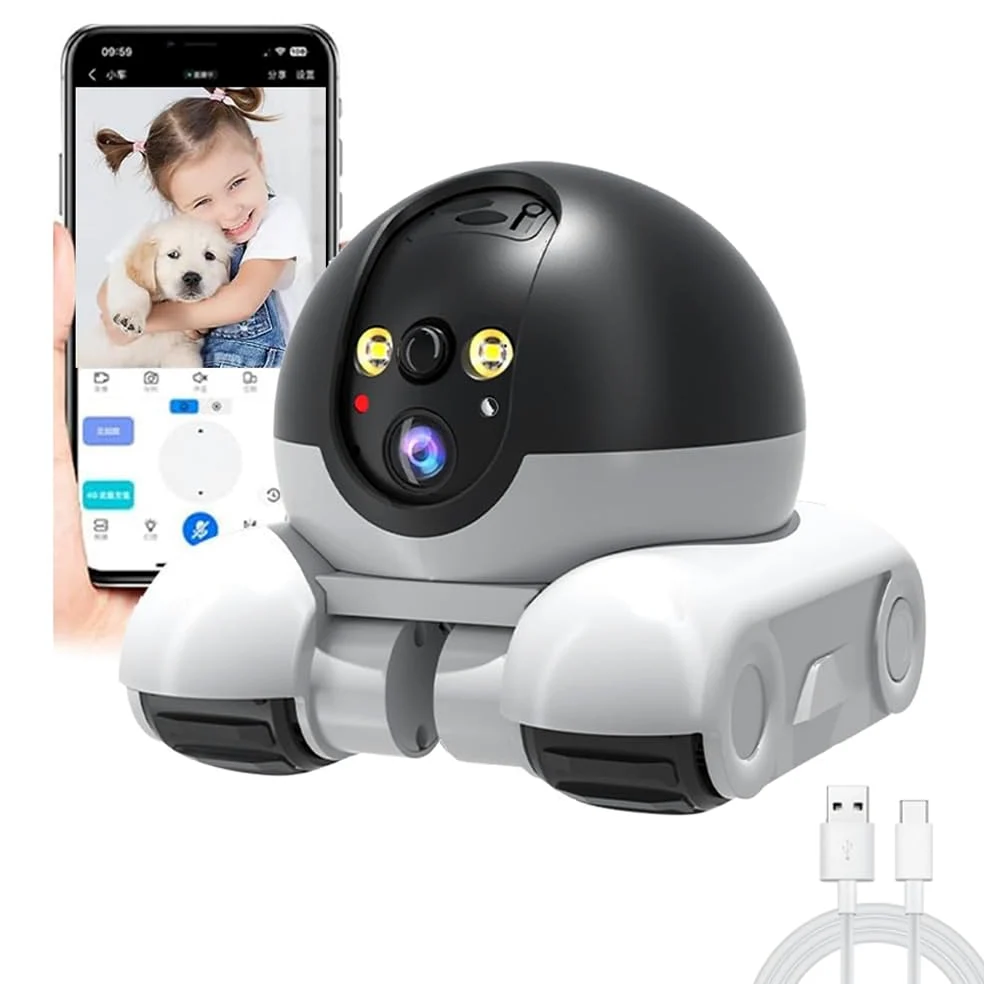 Telecamera di sicurezza domestica per animali domestici, 1080P, telecamera mobile per interni, conversazione a 2 vie, rilevamento del movimento, visione notturna, telecamere mobili wireless con