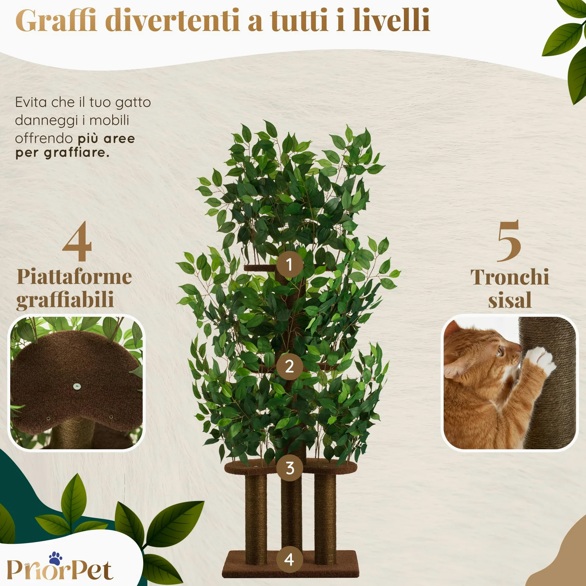 Albero per gatti con Foglie – Compatto e Robusto Tiragraffi per gatti adulti – Albero con 4 Livelli Graffiabili – Per Arrampicarsi Nascondersi e Dormire – Facile da Montare – Ideale per Spazi Ridotti