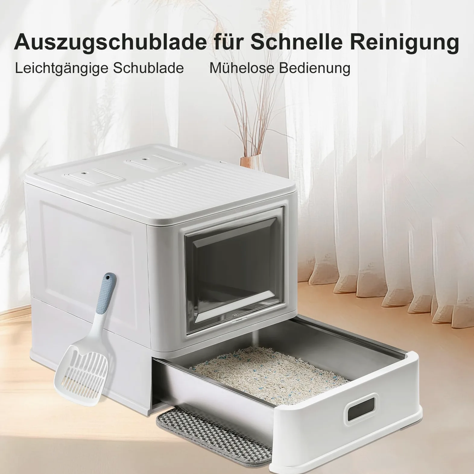 Marchul XL Lettiera per gatti grande, in acciaio inox, con coperchio e cassetto, pareti laterali alte con deflettori antispruzzo, vassoio più profondo con paletta e tappetino, inodore