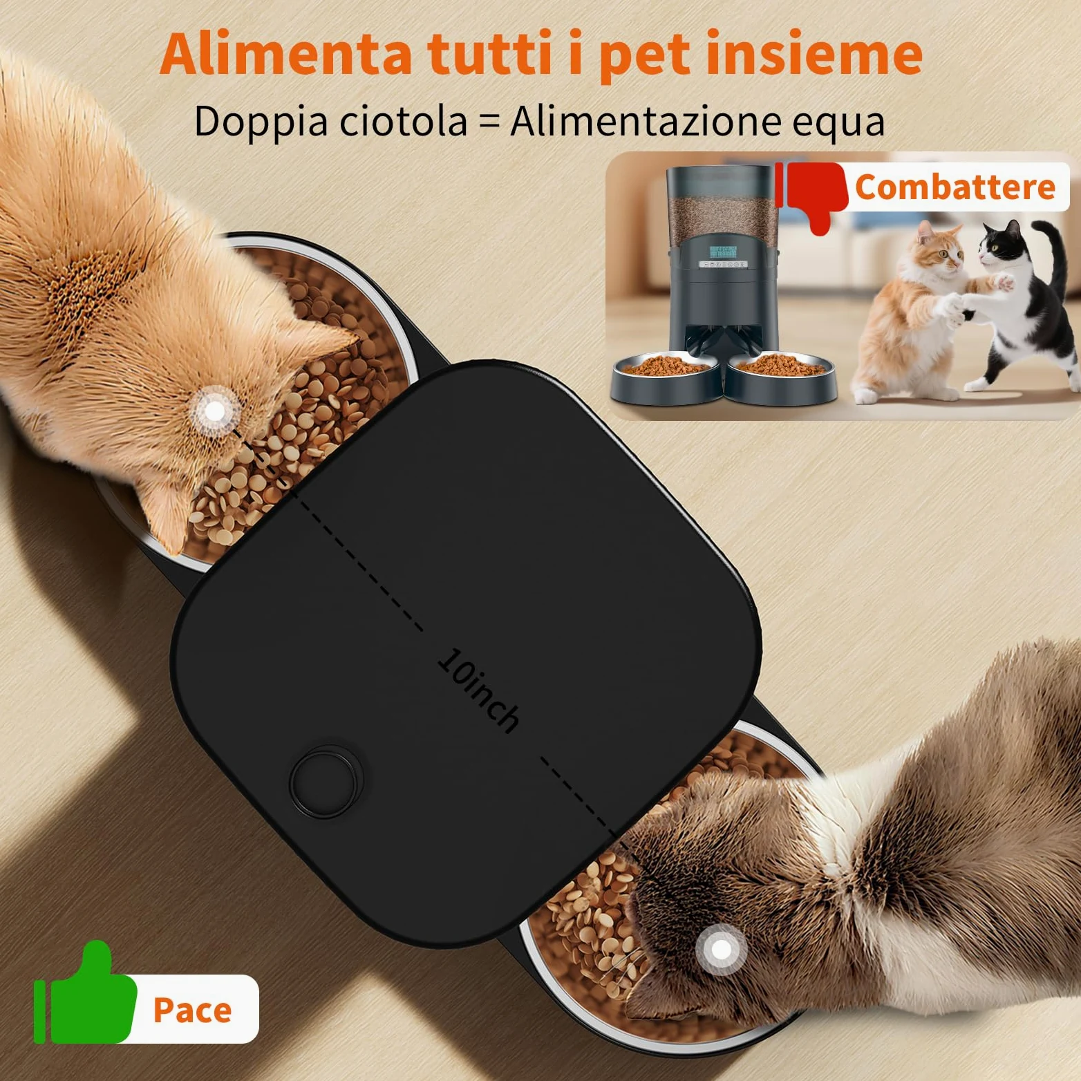 HoneyGuaridan Distributore Automatico Cibo Gatti con Programmable Timer | 3.5L dispenser crocchette gatto, 2 ciotole in acciaio inox 304 e 2 ciotole slow feed, 1-6 pasti/giorno, 1-24 porzioni/pasto