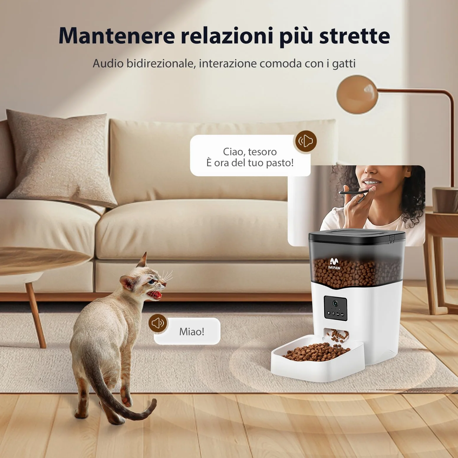 IMIPAW Distributore Automatico Cibo Gatti 5G WiFi con Telecamera, 1080P HD, Tecnologia Anti Intasamento, Dispenser Automatico Cibo per Animali con Controllo APP (Bianco, 3L)