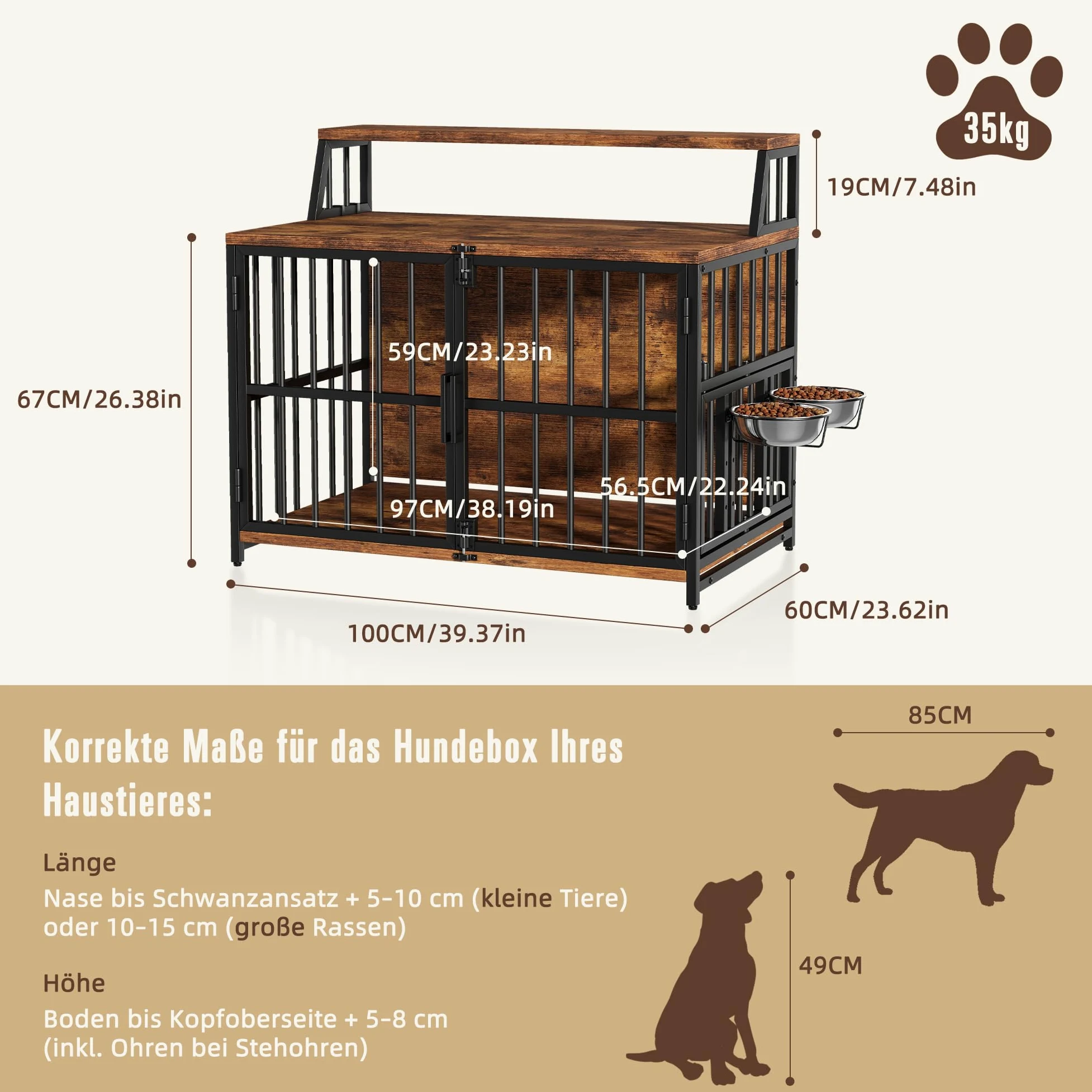 Gabbia per cani per la casa, 100 x 60 x 85 cm, gabbia per cani in legno con ciotole orientabili, cuccia in stile mobili con spazio per cani fino a 35 kg