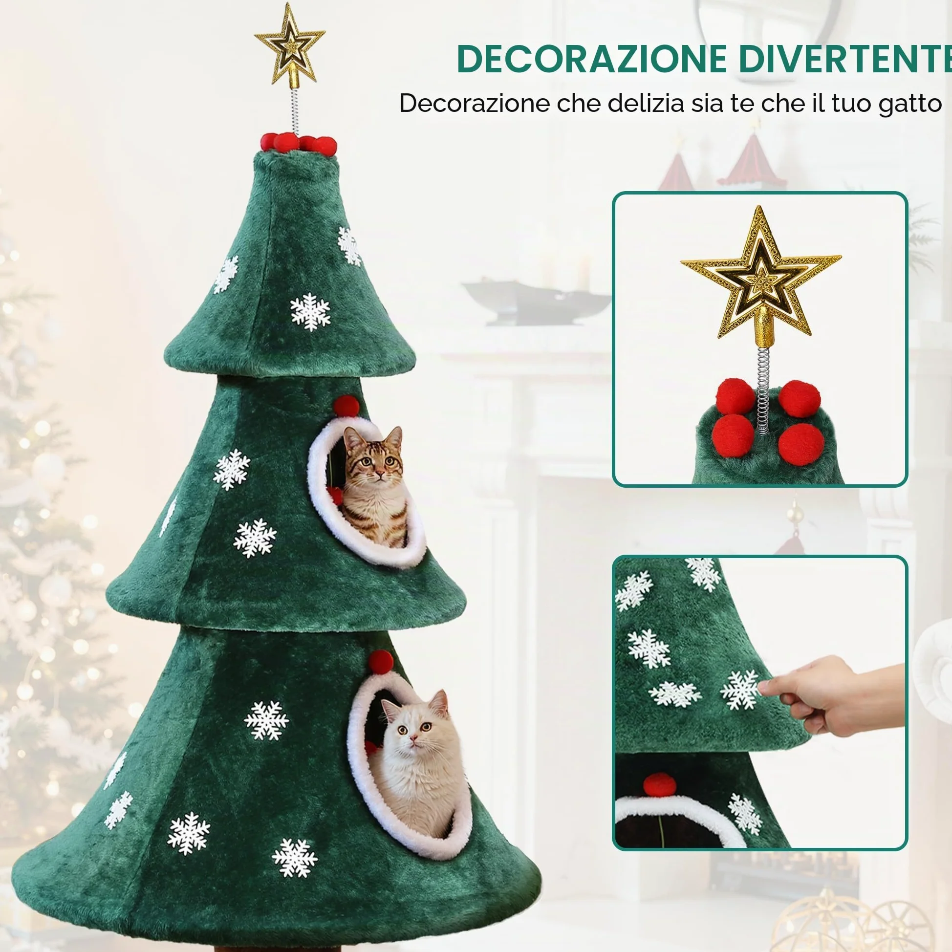 YITAHOME Albero di Natale grande con 2 ripiani, casa per gatti da 132 cm, colonne tiragraffi, centro attivo per gattini e decorazioni natalizie in verde