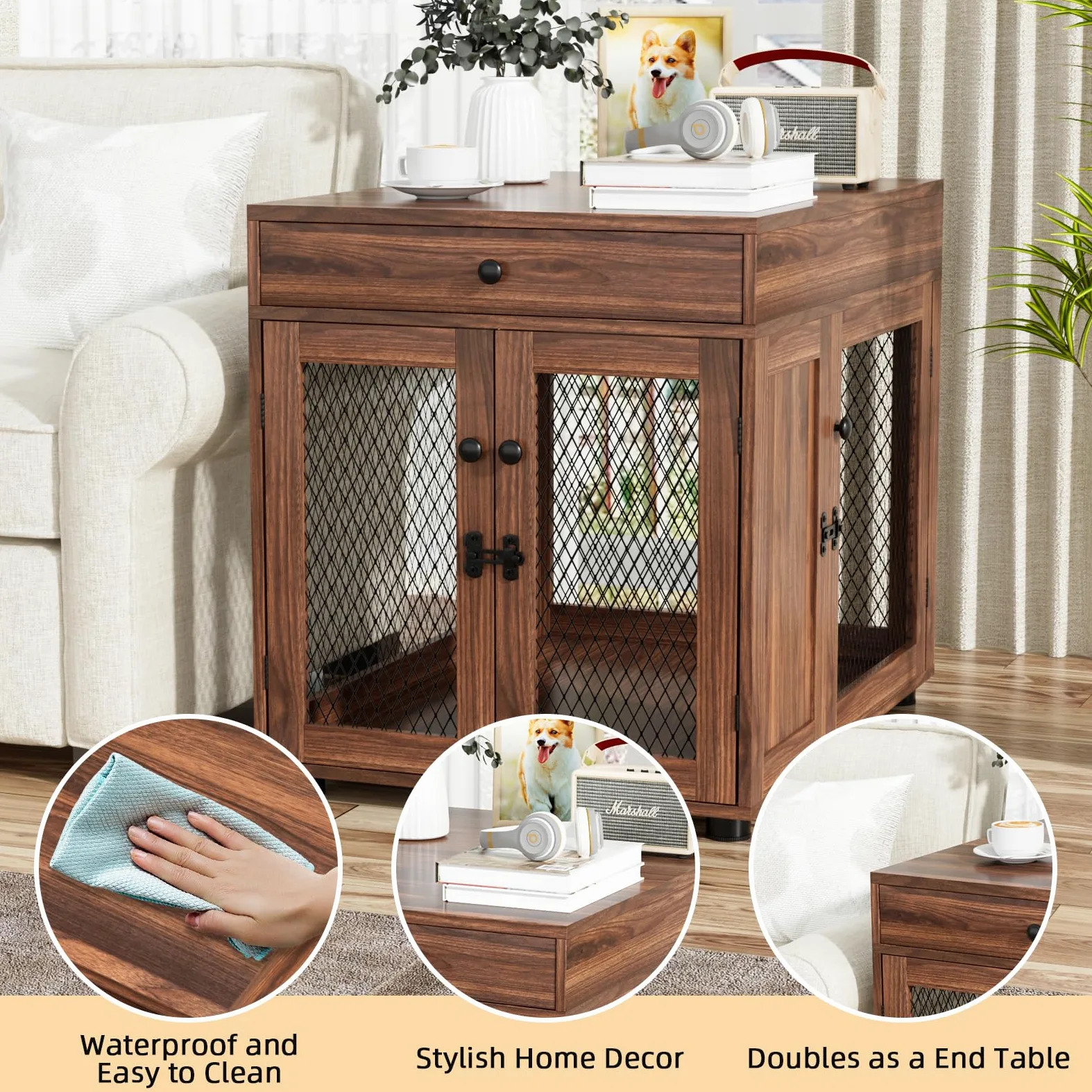 VOWNER Mobili per Cuccia per Cani, Gabbia in Legno a 3 Ante con Cassetto, Cuccia Moderna con Tavolino, 60 x 80 x 69 cm, per Cani di Piccola/Media Fno a 30 kg, Marrone Noce