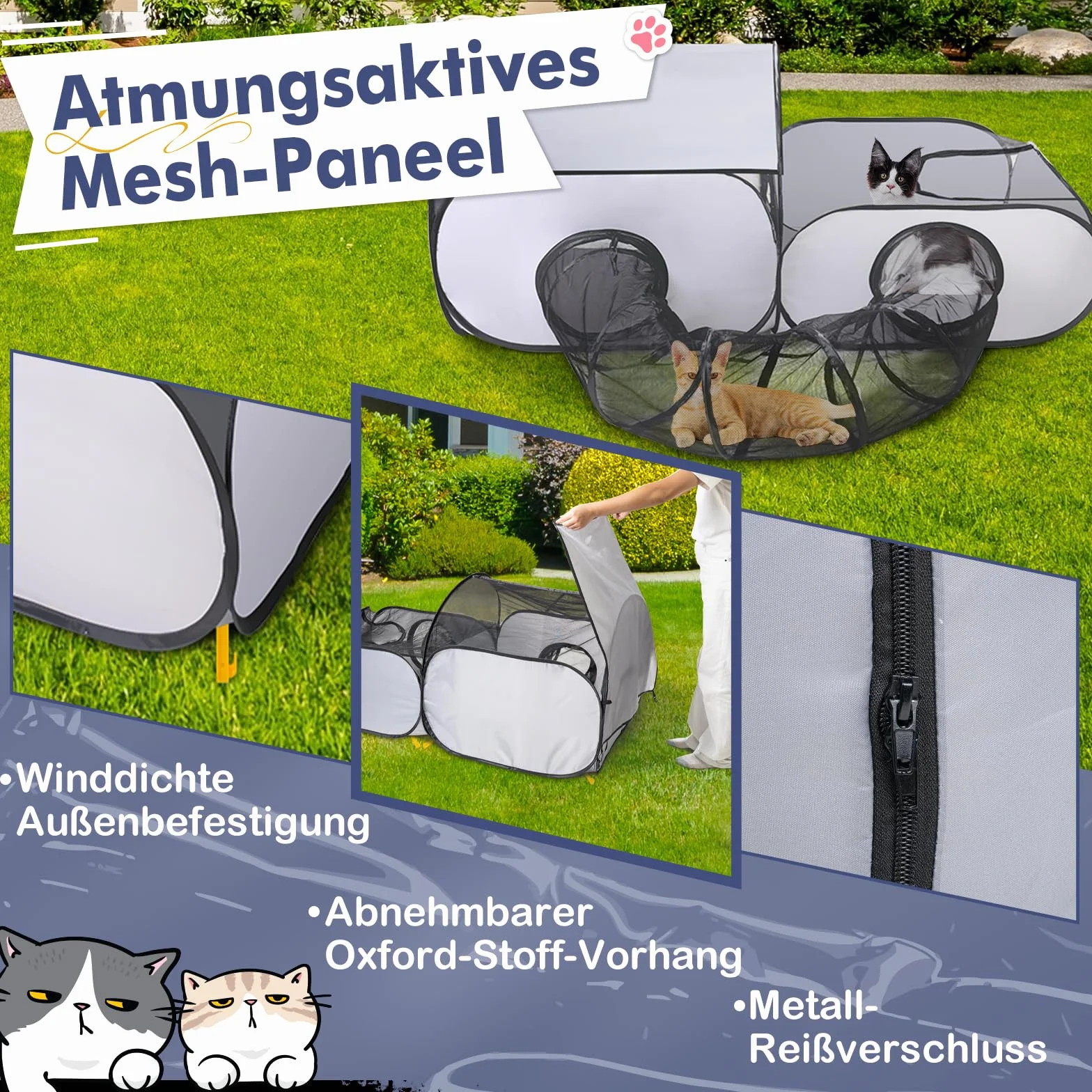 Box pieghevole per gatti con tunnel, box multifunzione con rete traspirante, tenda portatile per piccoli animali interni ed esterni, recinti e gabbie per esterni, S