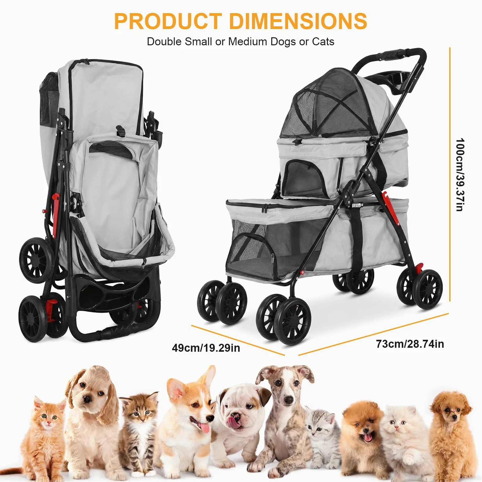 Passeggino per animali domestici a doppio strato per cani e gatti di piccola e media taglia, 3 in 1, pieghevole, passeggino da viaggio leggero, 100 cm x 73 cm x 49 cm (grigio)