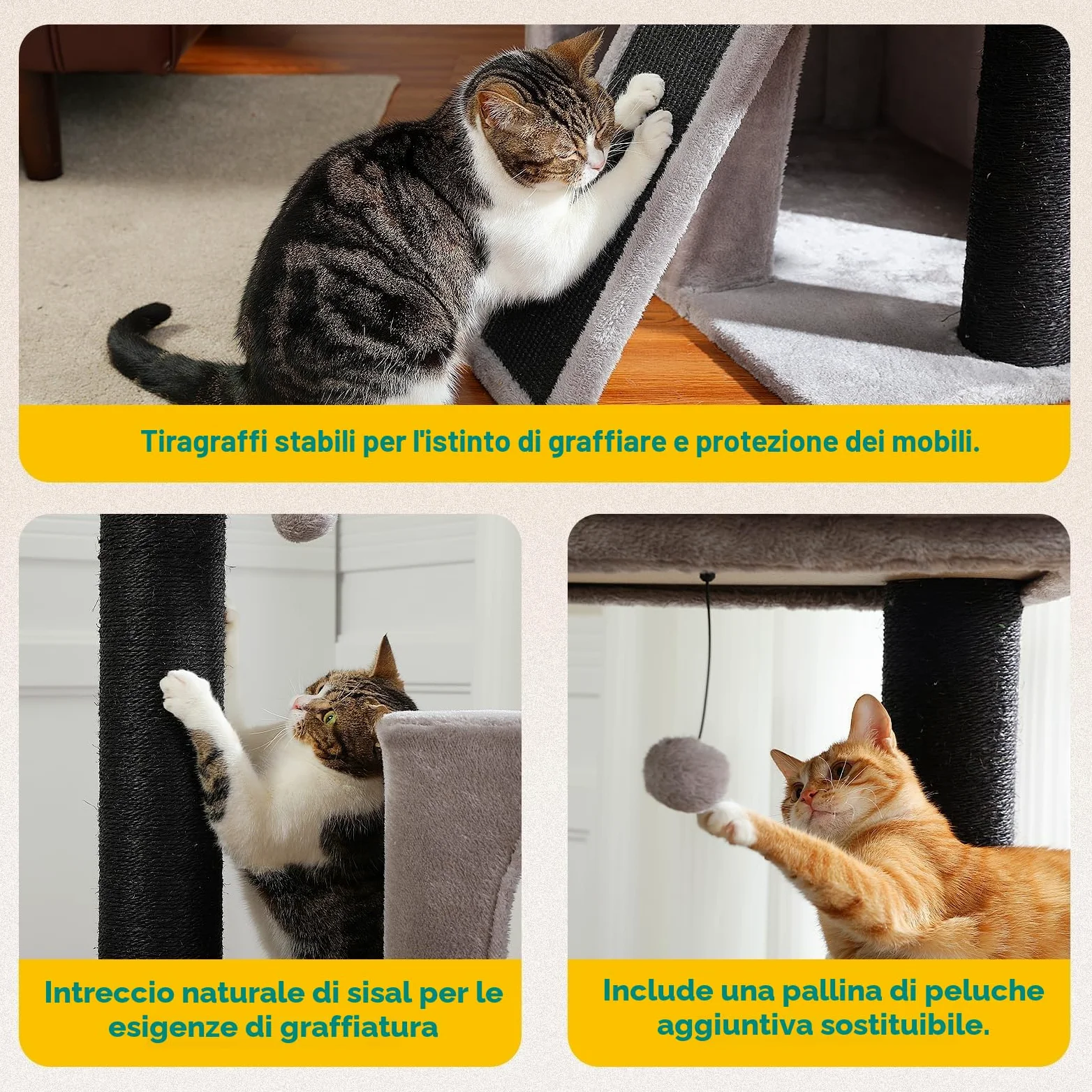 PETEPELA Grande tiragraffi spessore 11 cm tronchi con doppia grotta estremamente grande, completamente rivestito in sisal, adatto per gatti di grandi dimensioni, 114 cm, colore: nero/grigio