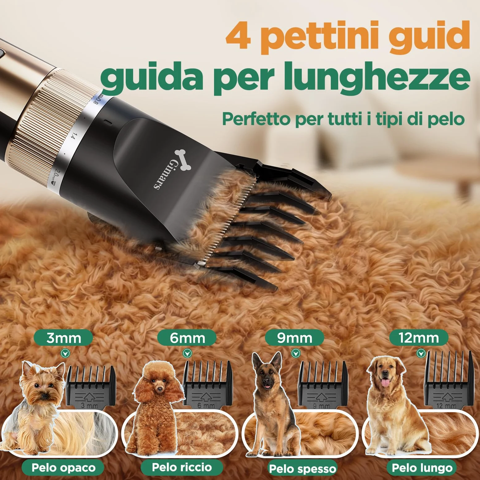 Gimars Silenzioso Tosatrice per Cani Professionale, Impermeabile IPX7 Rasoio per Cani Pelo Lungo, Macchinetta per Gatti, Dorata