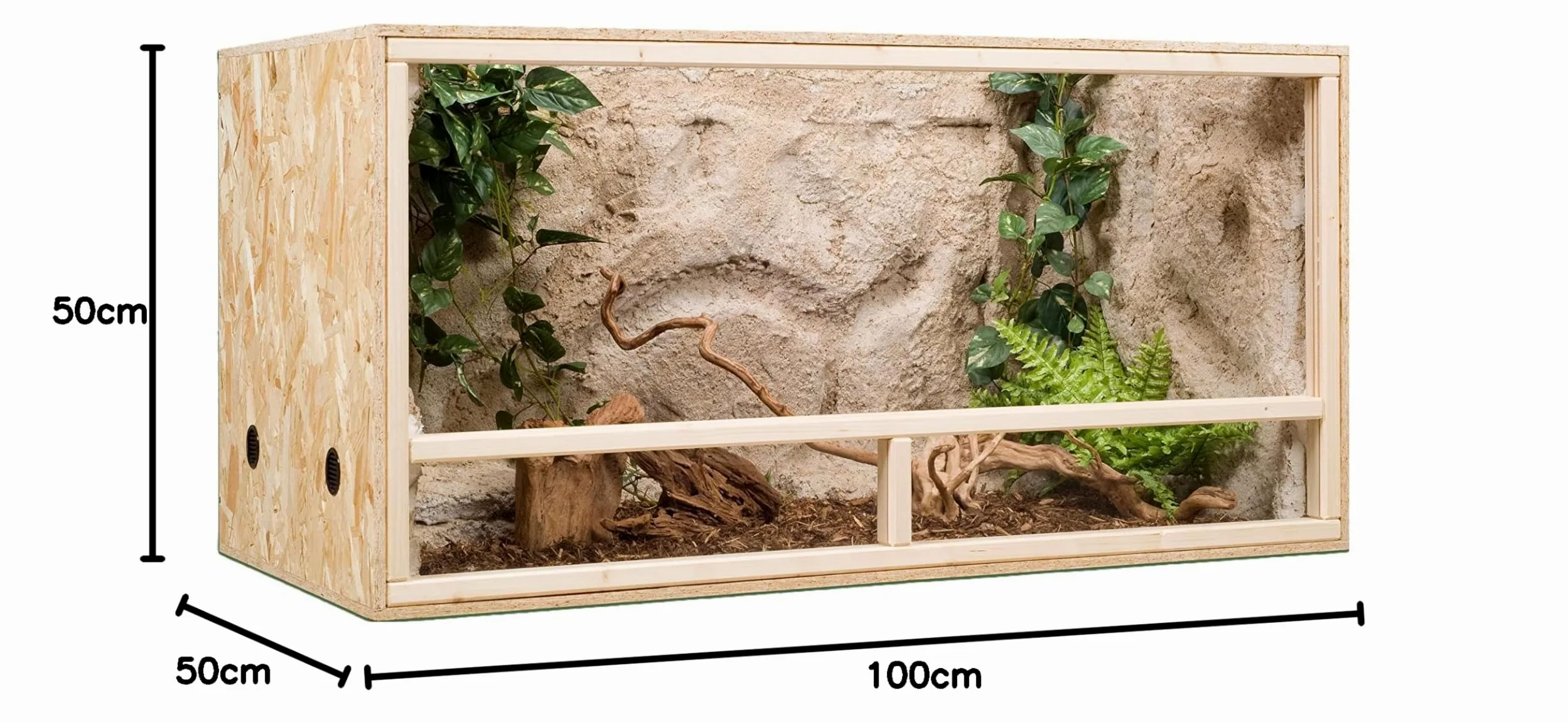 OSB Terrario in legno, 100 x 50 x 50 x 50 cm, con ventilazione laterale