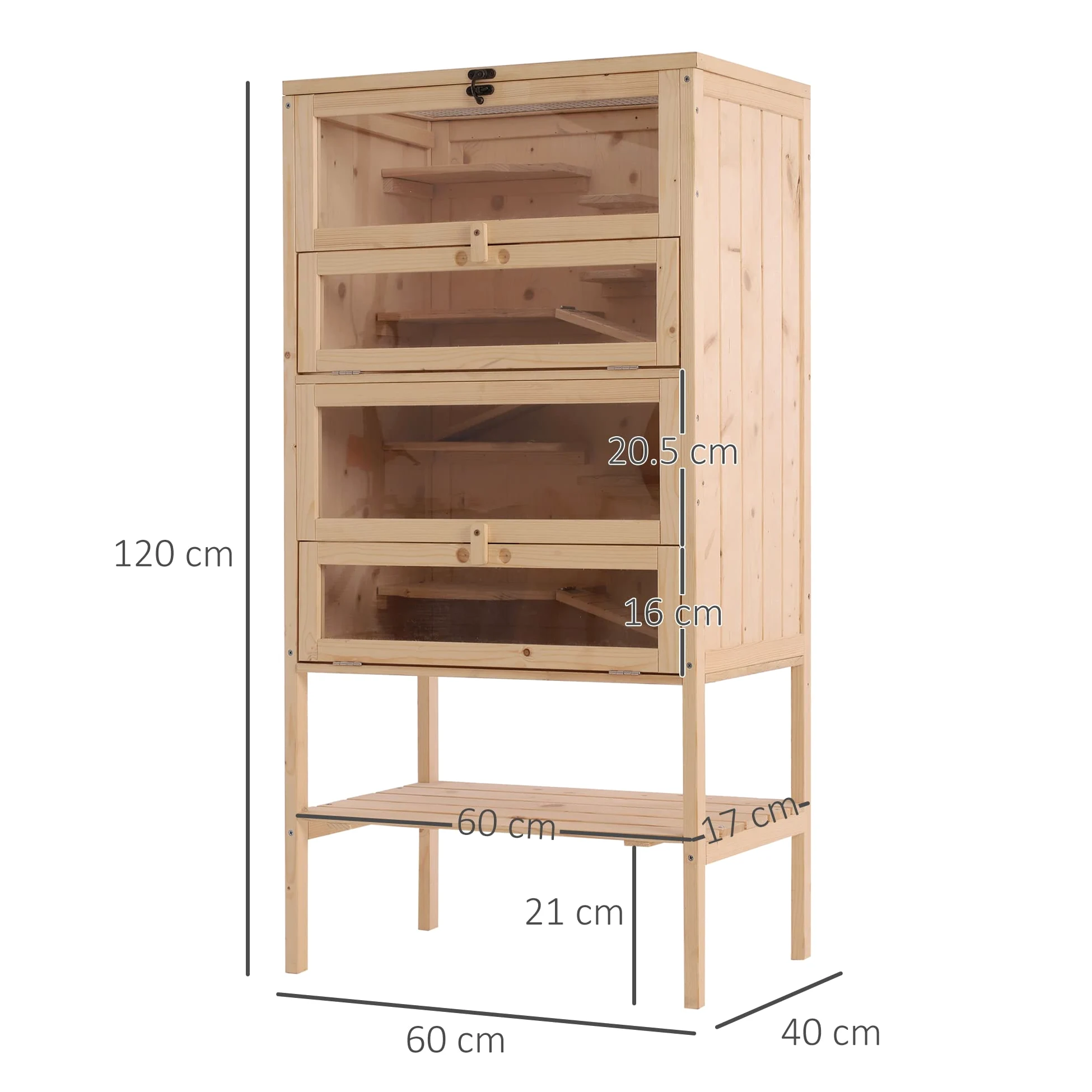 PawHut Gabbia per Roditori e Criceti a 4 Ripiani con Tetto Apribile in Legno 60x40x120cm