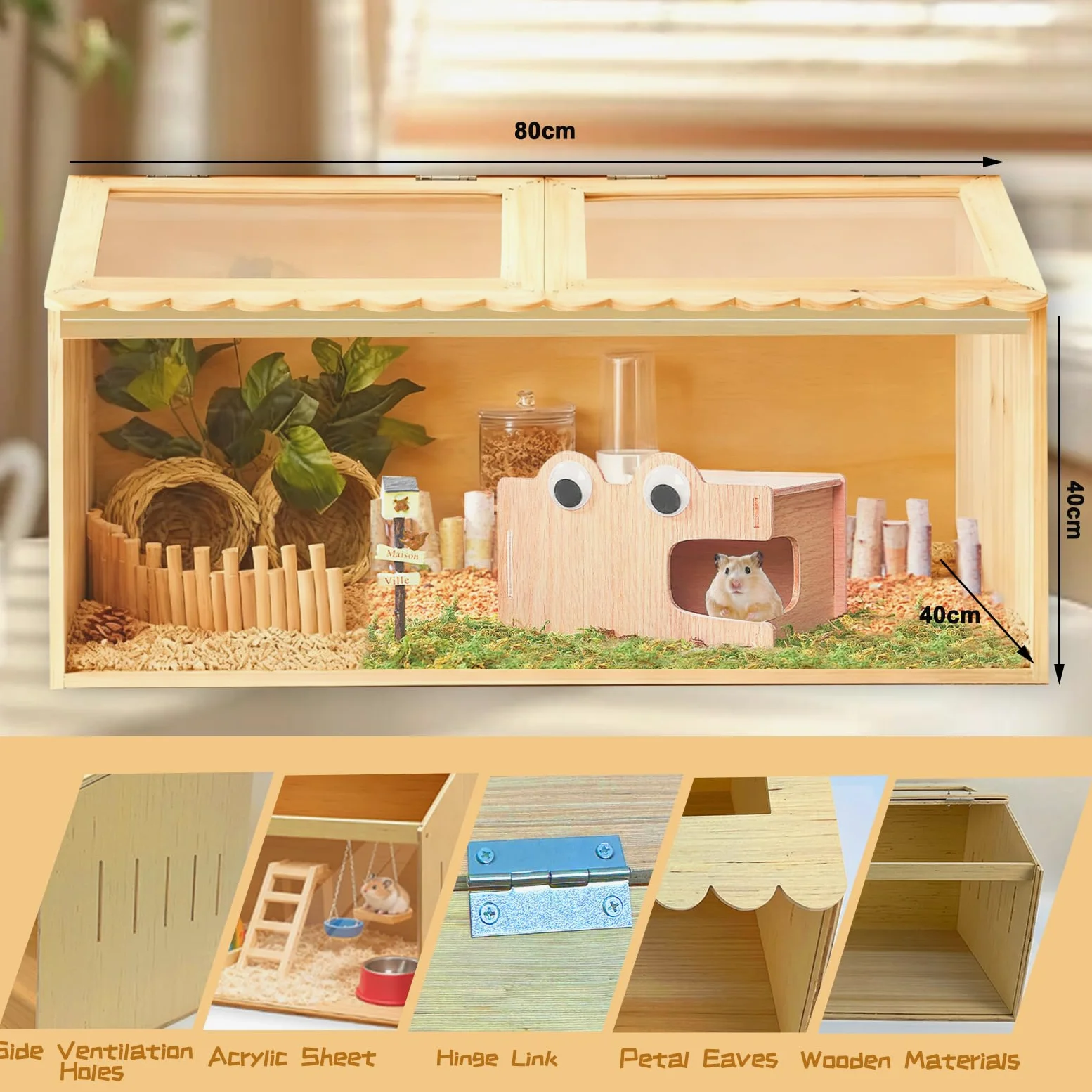 Gabbia in legno per criceti, grande gabbia per criceti con parte superiore apribile, 80 x 40 x 40 cm, trasparente, per criceti nani, per esercizi all'aperto, per criceti siriani