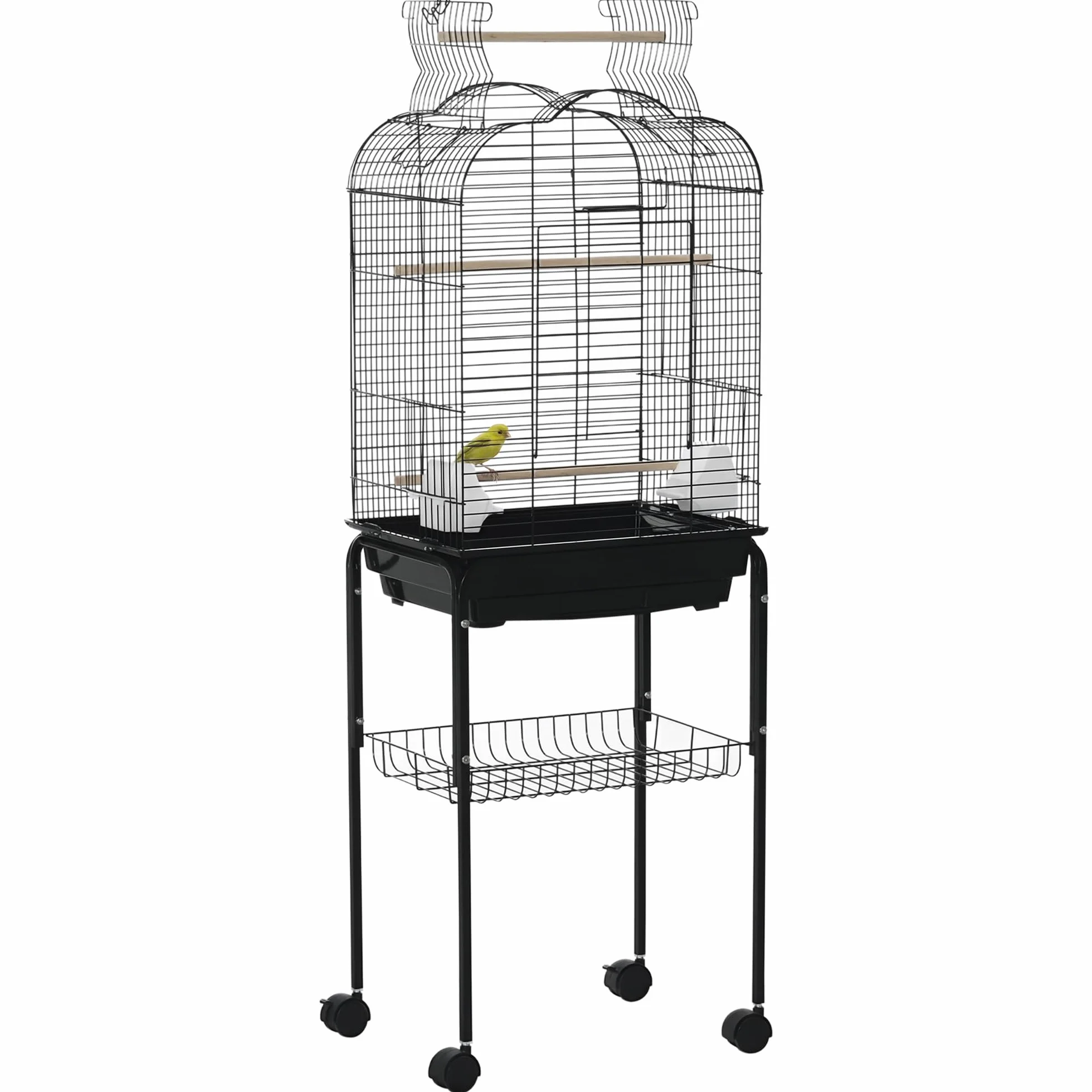 PawHut Gabbia per Uccelli con 3 Posatoi, 2 Ciotole e 2 Porte Laterali, Gabbia per Animali in Acciaio, PP e Legno, 46x36x130 cm, Nera
