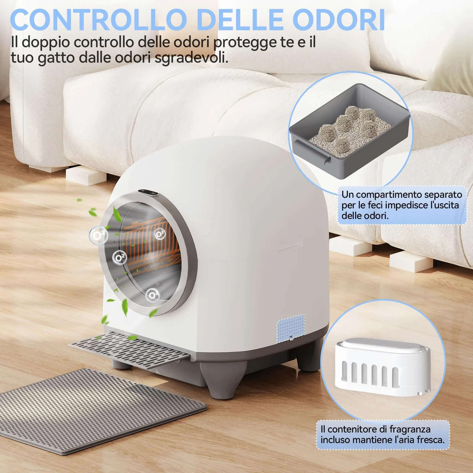 JUMMICO Lettiera Gatto Autopulente Antiodore， 90L lettiera autopulente per gatti xxl. Controllo APP cat litter box self cleaning con sensori, ingresso basso anti-intrappolamento/odore, per più gatti