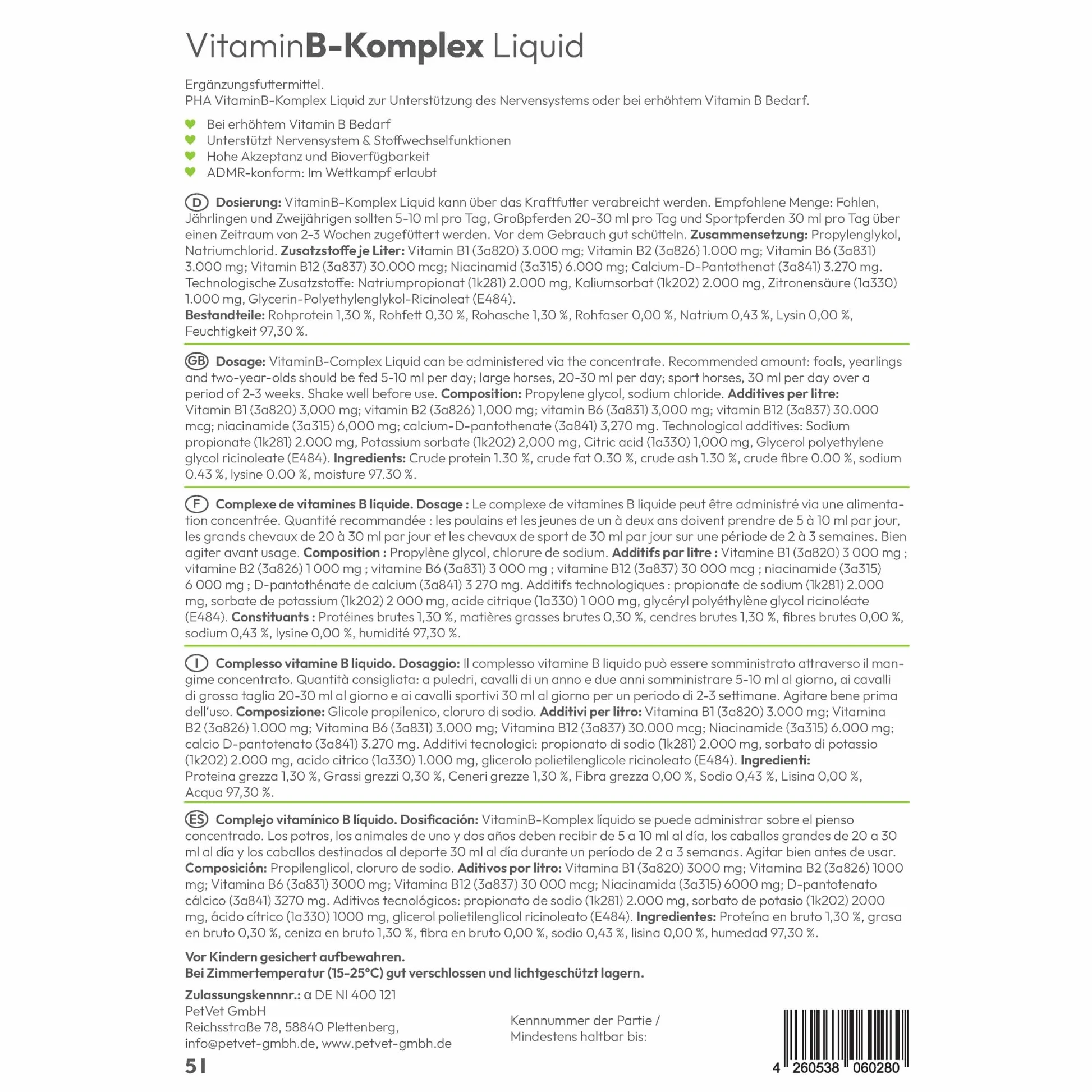 PHA Vitamina B complesso cavallo: supporta nervi, zoccoli, pelo e metabolismo, liquido anti-stress per cavalli, per lenire, vitamine B 5 l