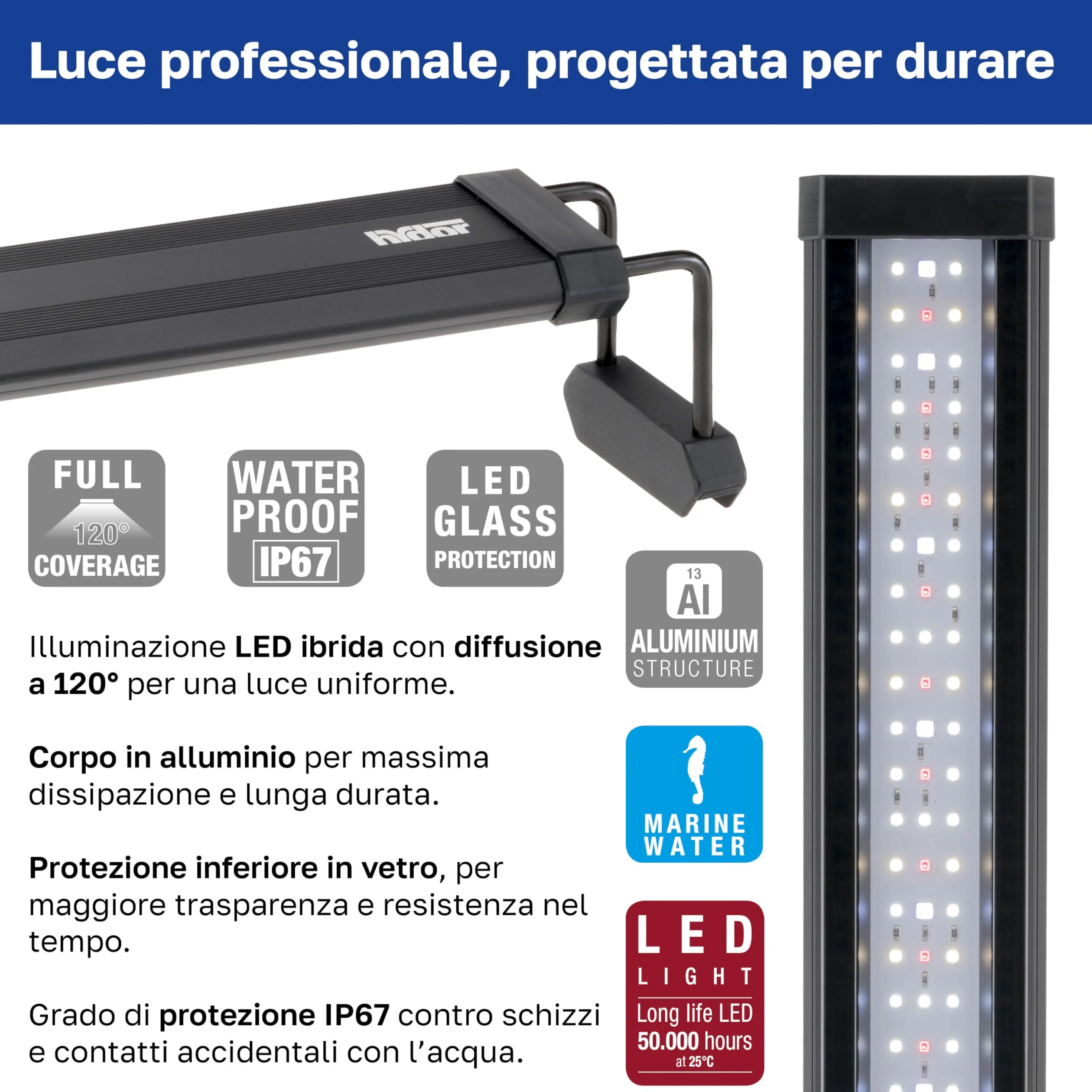 Hydor AQ-LUX REEF 700 Lampada LED per Acquario Marino 36 W (1400 lm) Spettro professionale, Dimmer e Timer Programmabile, Staffe Regolabili, Alimentatore Incl, IP67, 72 x 8 x h 9,5 cm.