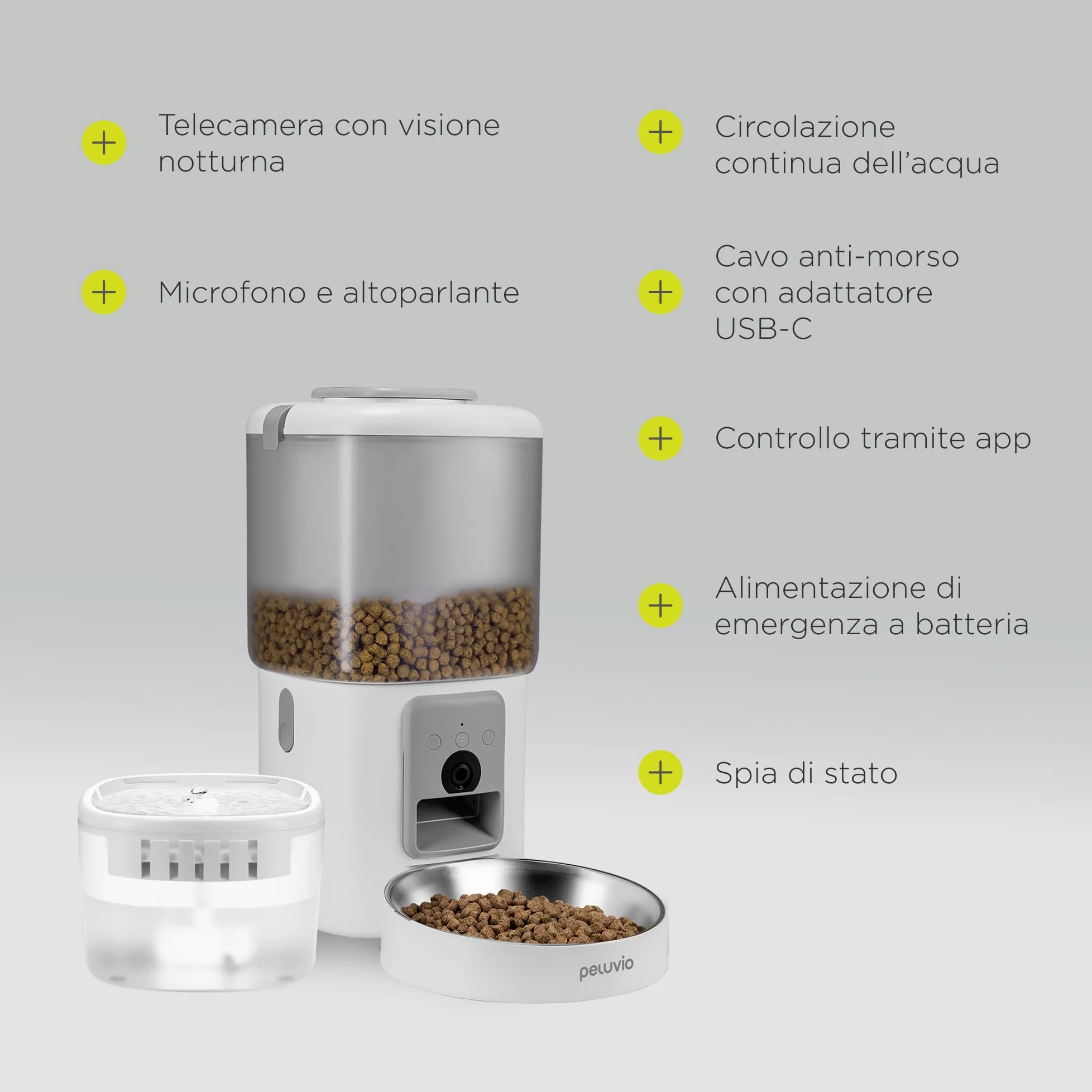 FEAST Distributore Automatico Cibo Gatti con WiFi e Videocamera, Dispenser Crocchette Gatto 4,5 L con Ciotola, Porzioni Programmate, Fontana 2,5 L, Distributore Automatico Cibo Cani (Bianco)