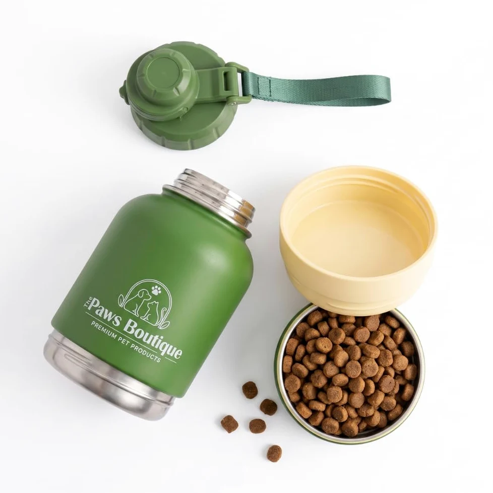 Borraccia per cani 3 in 1: abbeveratoio portatile in acciaio inox 950 ml, scomparto per cibo e ciotola extra rimovibile, a prova di perdite, senza BPA, ideale per viaggi e passeggiate