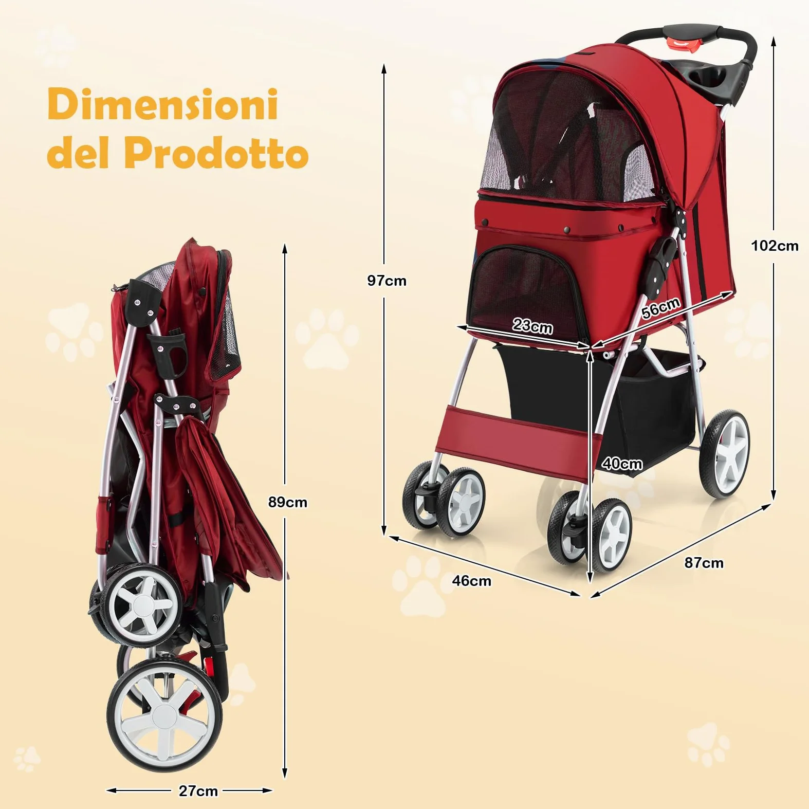 COSTWAY Passeggino per Cani, Carrozzina per Cani Pieghevole Fino a 15 kg, 4 Ruote con Finestra a Rete Porta Bicchiere e Cesto, Passeggino Portatile per Animali Piccola e Media (Rosso)