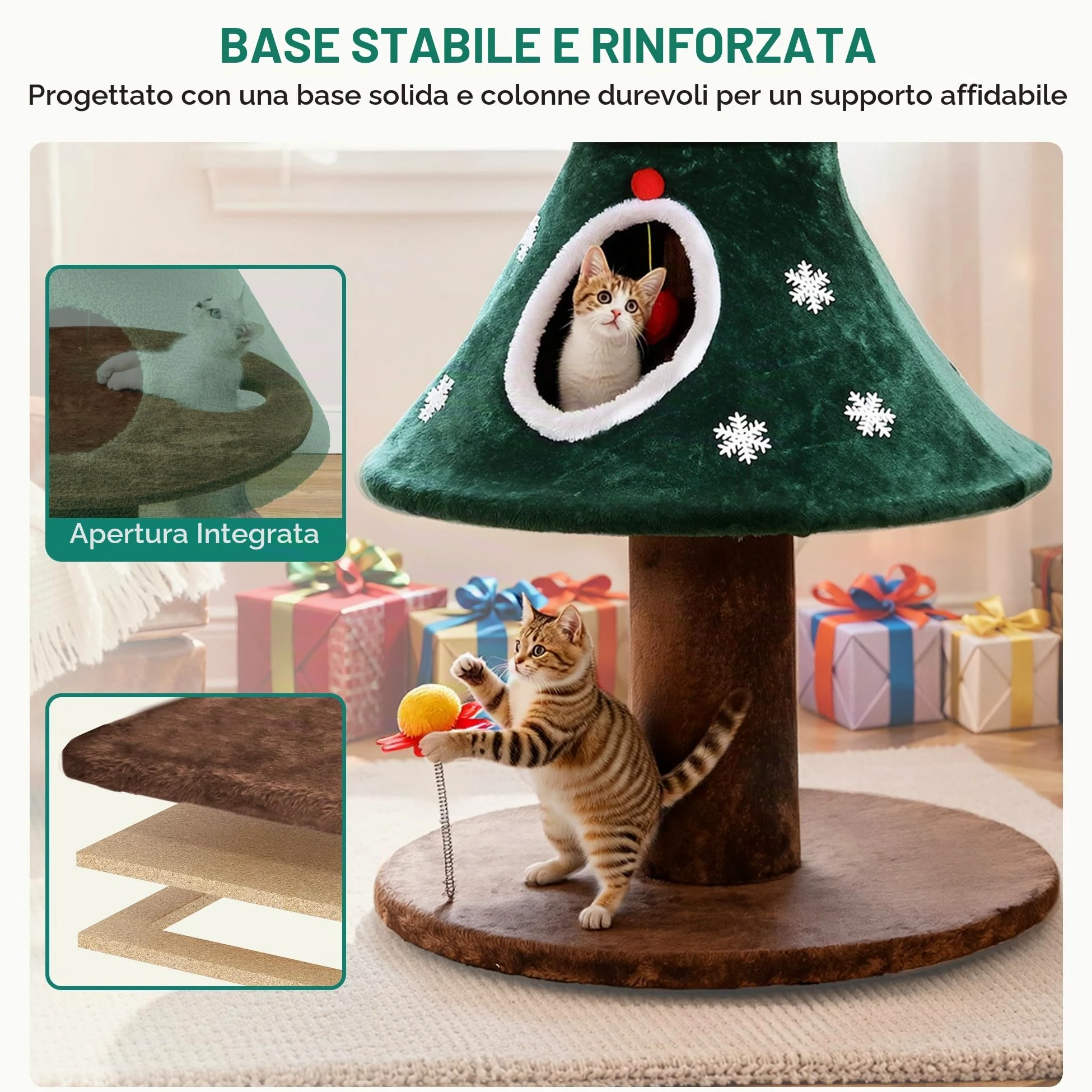 YITAHOME Albero di Natale grande con 2 ripiani, casa per gatti da 132 cm, colonne tiragraffi, centro attivo per gattini e decorazioni natalizie in verde