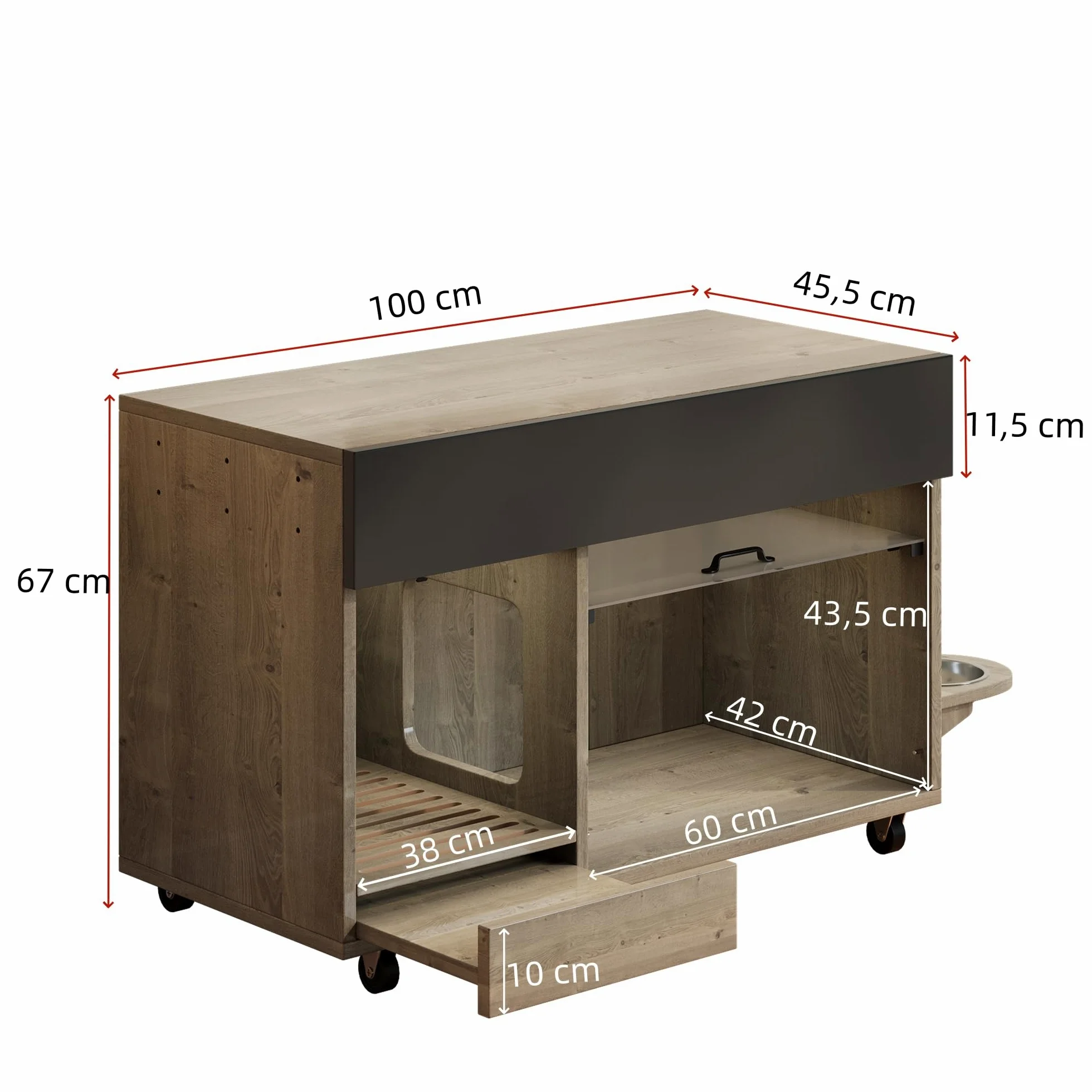 REXO Lettiera mobile per gatti con piatto per cibo per gatti, vassoio di raccolta della sabbia, piastra forata con gancio, senza lettiera per gatti, 100 × 45,5 × 67 cm, grigio antico e marrone, colore