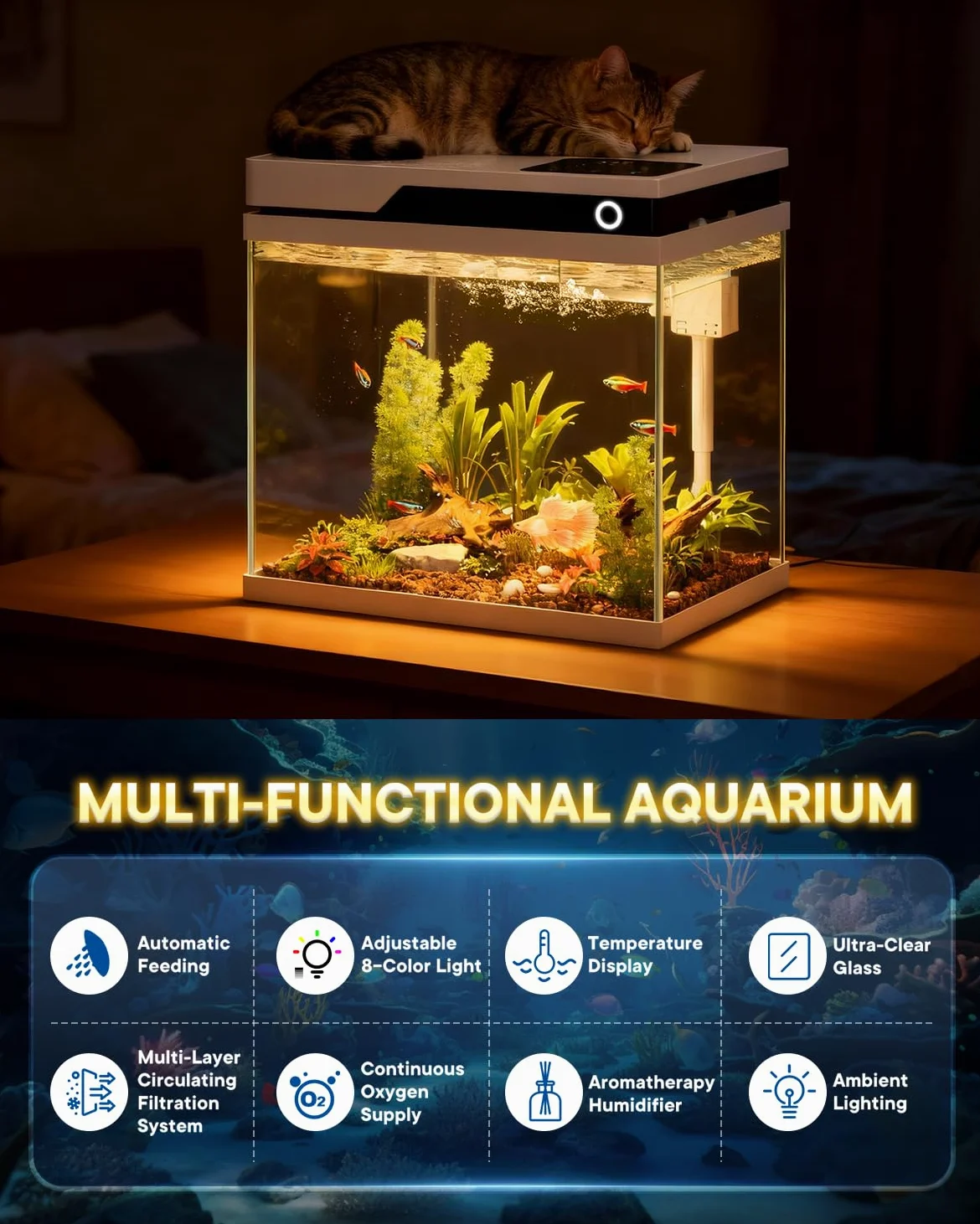 Vehipa Acquario per Pesci Rossi da 16L, Completo Acquario con Alimentatore Automatico, Pompa Silenziosa 4 in 1, Illuminazione Regolabile, Display della Temperatura e Umidificatore