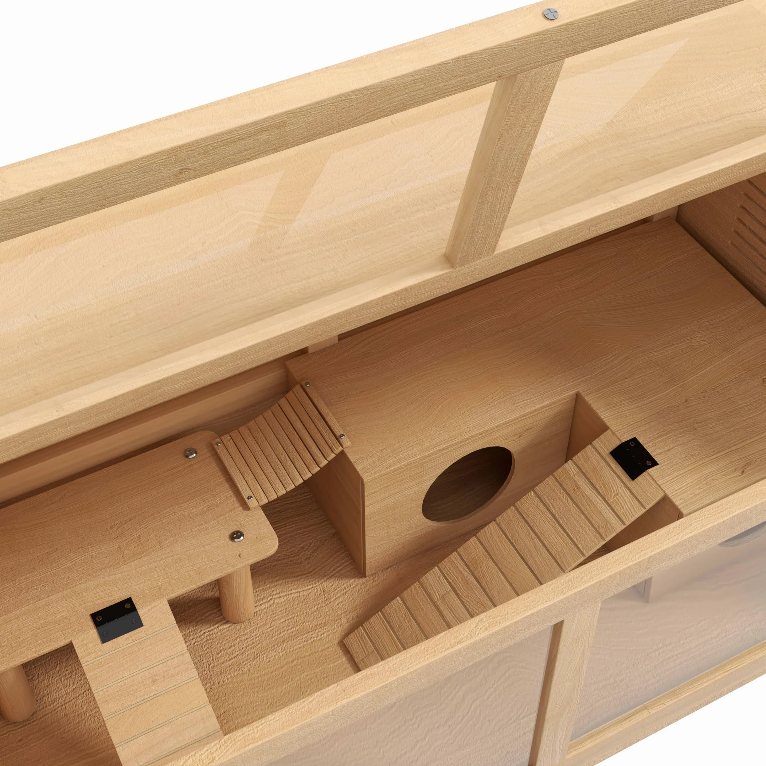 PawHut Gabbia per Criceti Apribile con Piattaforma, Scalette, Capanna e Ponte, Gabbia per Roditori in Legno di Abete, 85x45x44 cm, color Legno