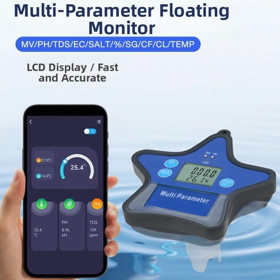 Monitoraggio della qualità dell'acqua galleggiante, misuratore di ossigeno disciolto per acquari, stagni, idroponica con LCD retroilluminato