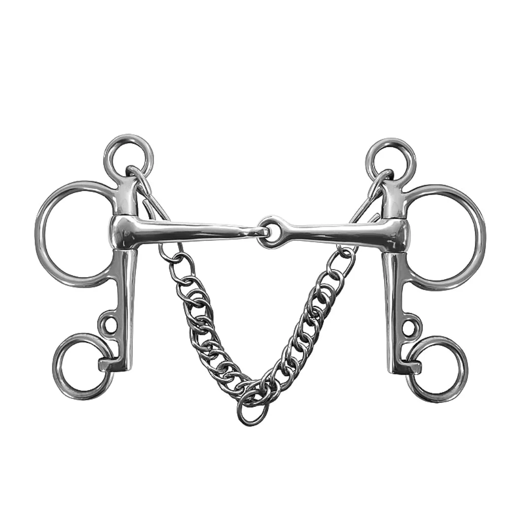 MADALO Morso Pelham in acciaio inox per cavallo, bocca snodata solida, con ganci e catena barbazzale.