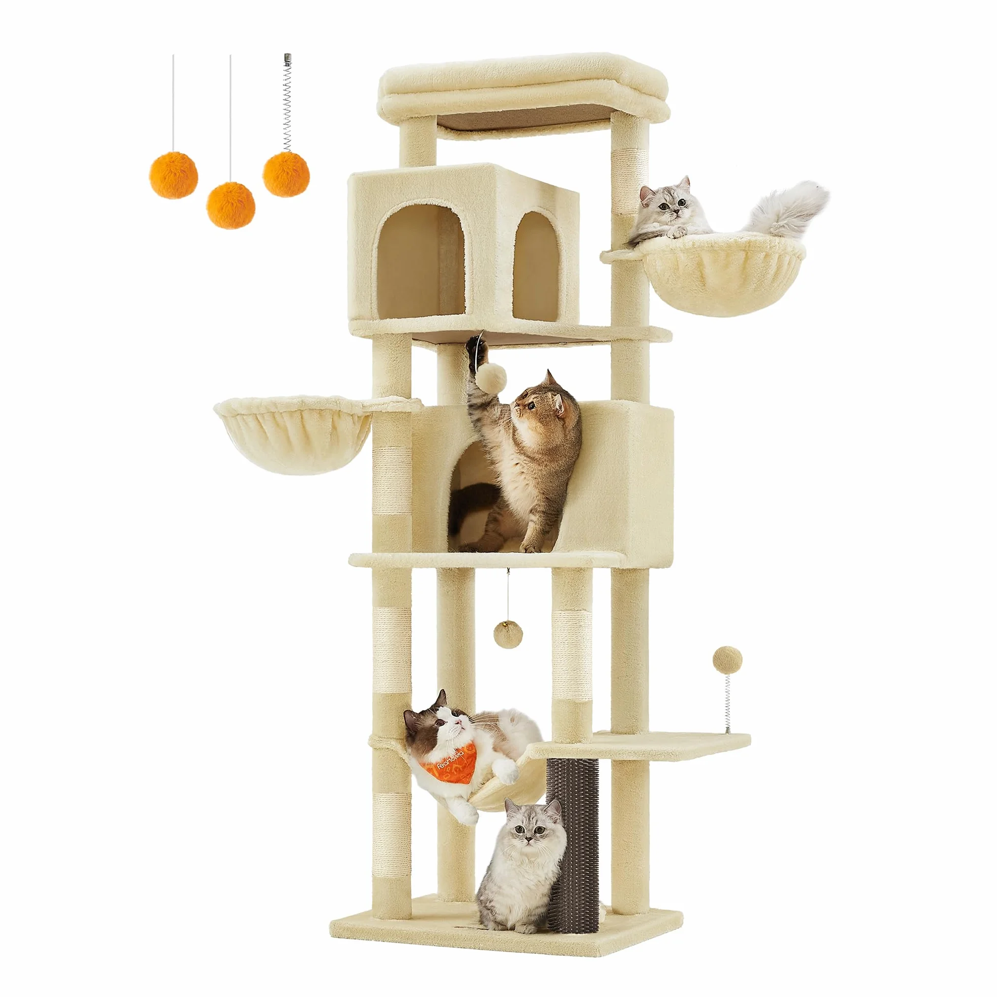Feandrea Albero per Gatti Grande, Torre Tiragraffi Alto 175 cm, Multilivelli con 2 Grotte, 2 Cestini, 5 Graffiatoi, Autospazzola, Trespolo, Amaca, Beige Sabbia PCT182Y01