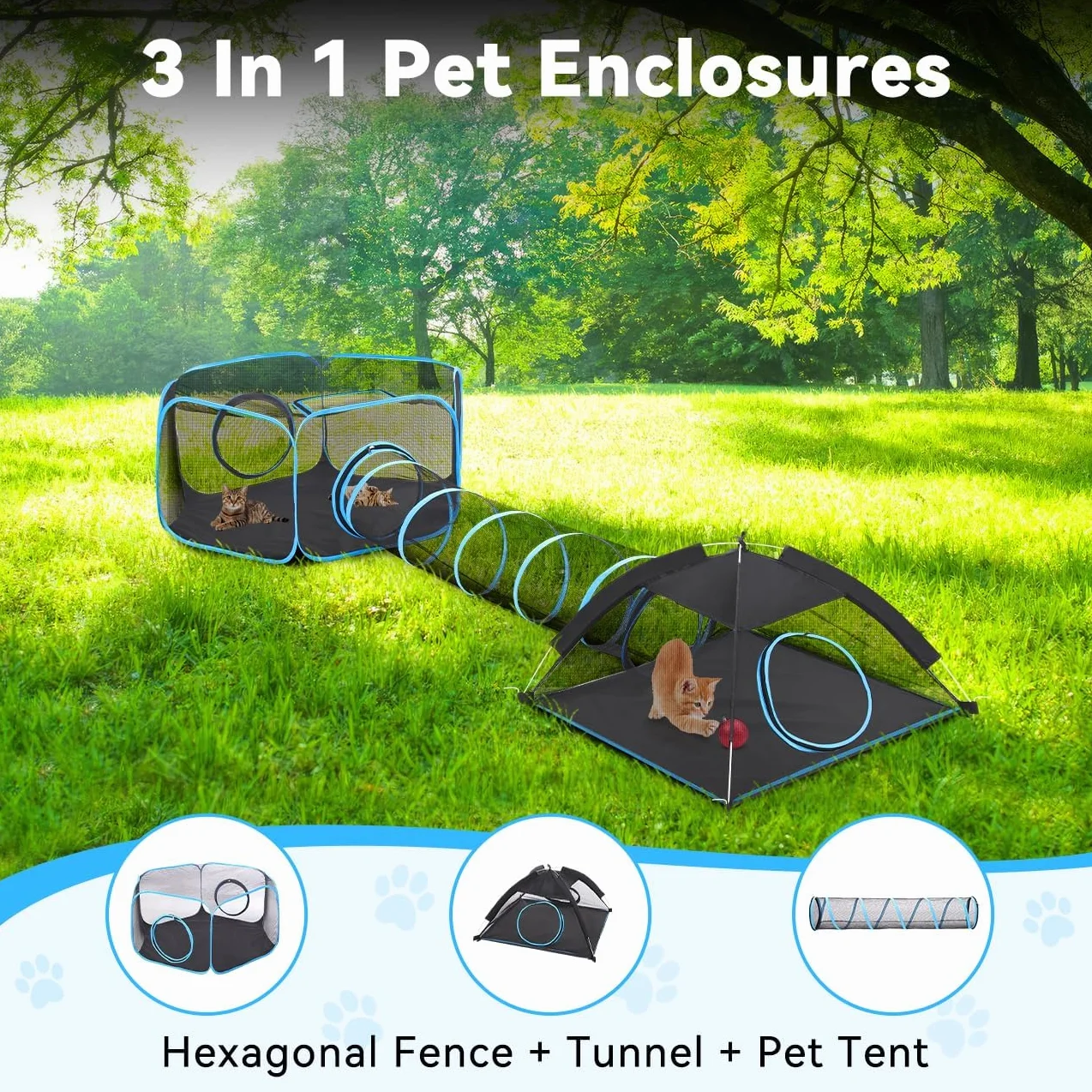 Pawaboo Tenda per Gatti con Tunnel, 3 in 1 Recinto per Gattis da Esterno con Tunnels, Recinzione per Animali Pieghevole e Portatile Box per Gatti, Include 1 Box+1 Tenda+1 Tunnel, Azzurro + Nero