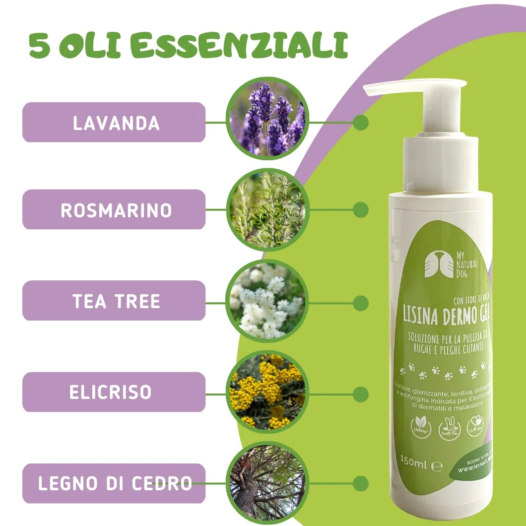 LISINA DERMO Gel - Pulizia delle Rughe e delle Pieghe cutanee del Cane - Utile in Caso di dermatite atopica e malassezia-Formula Naturale Human Grade con Oli Essenziali e Fiori di Bach