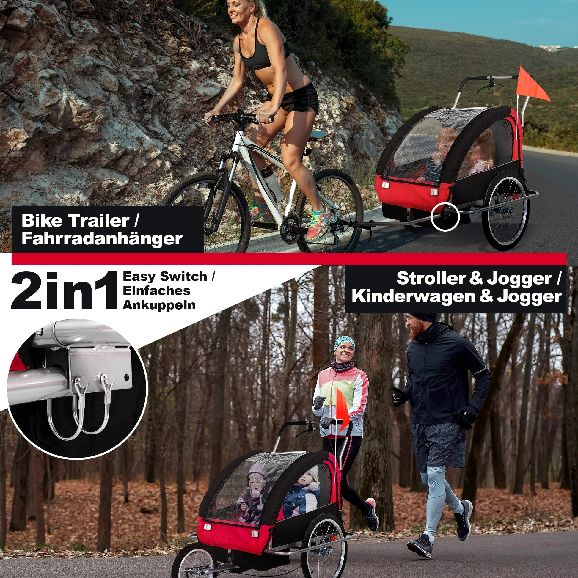 Jago® Rimorchio per Bicicletta - 2 Posti, da Bambini 12+ Mesi, Fissaggio a 5 Punti, Pieghevole, Tasche Laterali, Carico Massimo 40kg, in 3 colori - Carrellino Cani, Passeggino