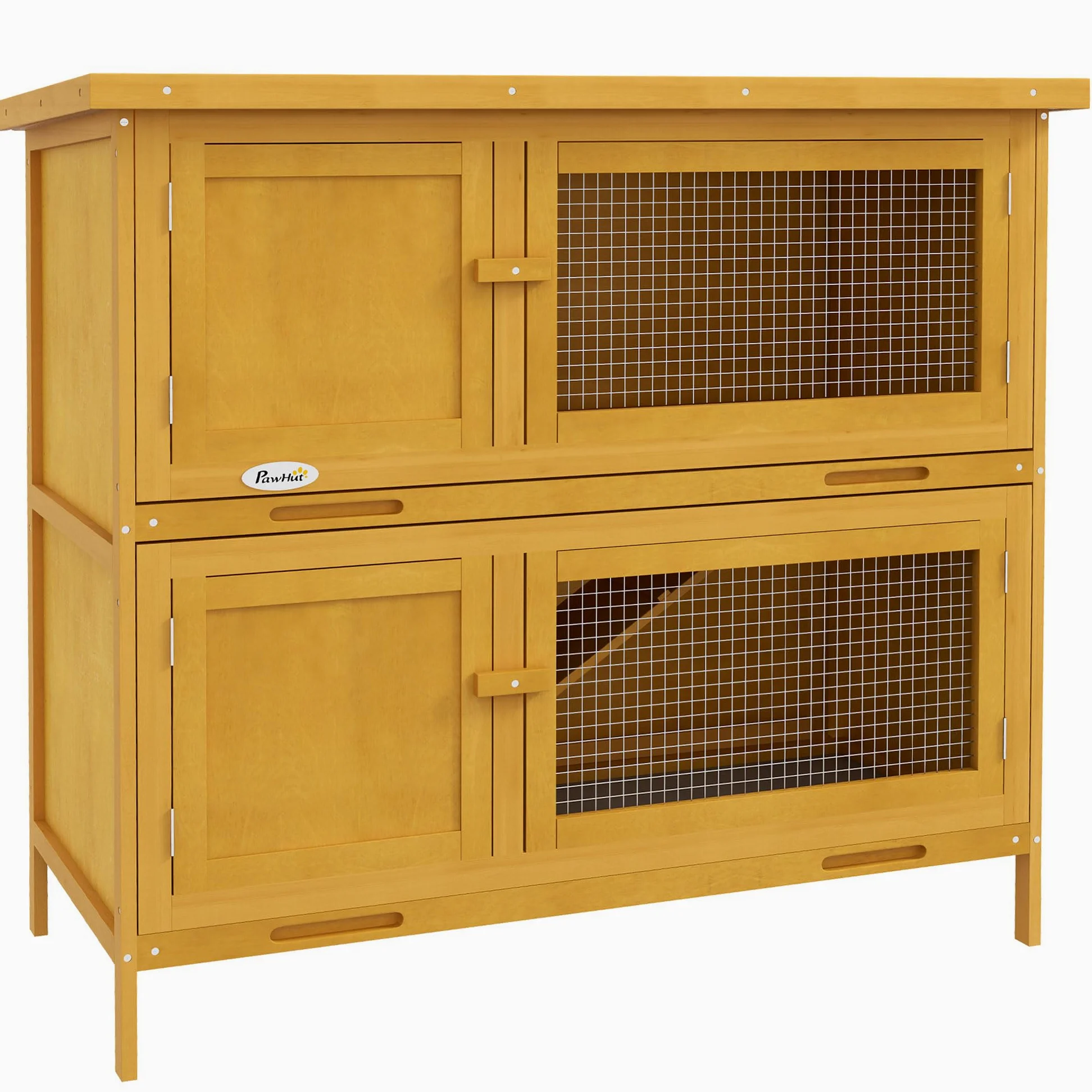 PawHut Conigliera da Esterno a 2 Livelli con Rampa Antiscivolo, 2 Vassoi Estraibili e 4 Porte con Serratura, Conigliera in Abete e Tetto in Bitume, 97x44x91 cm, Giallo
