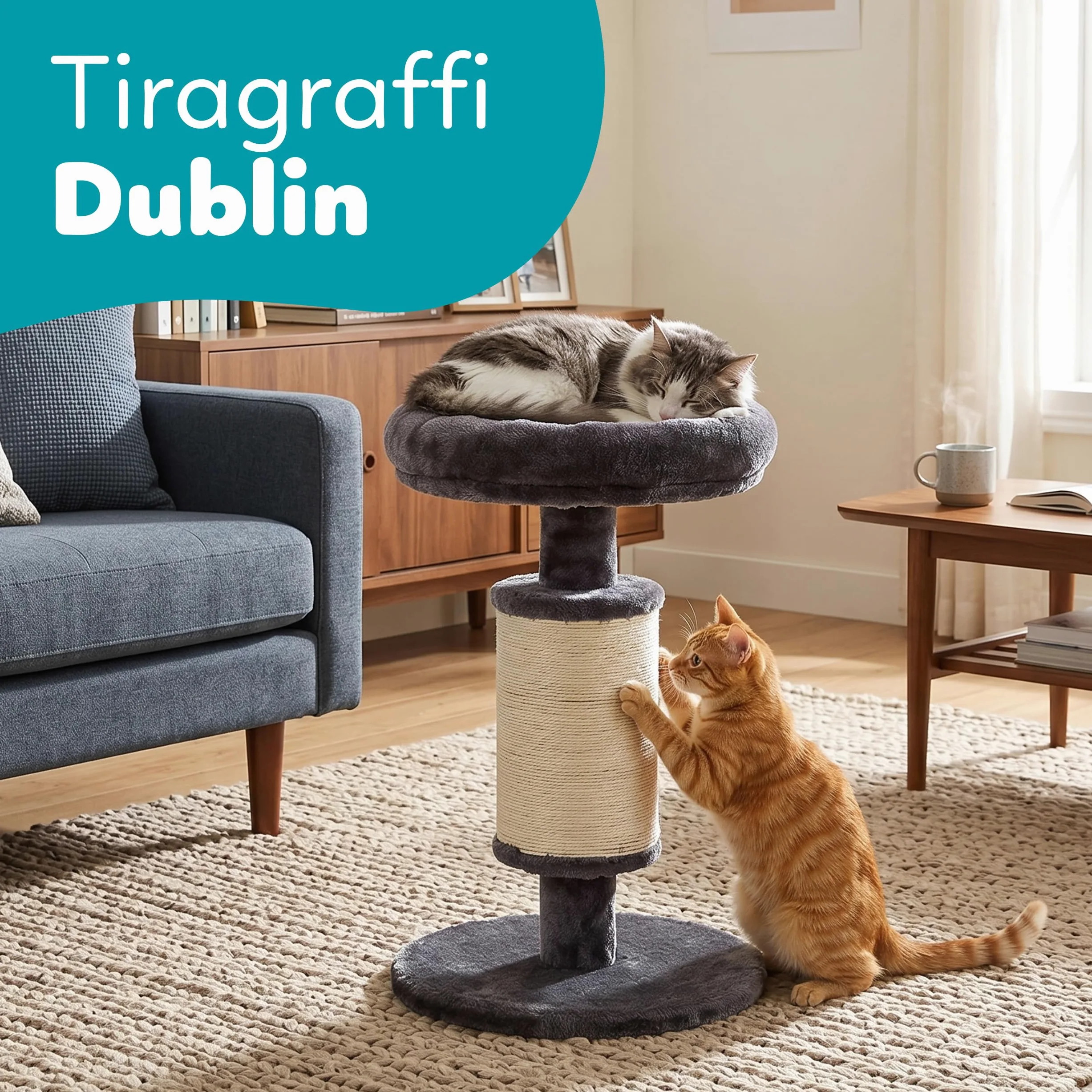 Aqpet Tiragraffi in Sisal e tessuto con piattaforma, Alto 58 cm per il massimo divertimento del tuo gatto, Colore Grigio