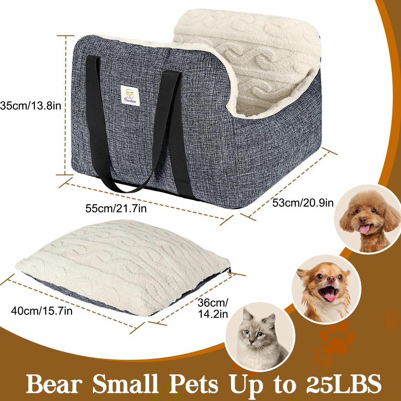 Pawaboo Seggiolino Auto per Cani Piccoli, Sedile Auto con Fibbia Fissa e Guinzaglio di Sicurezza per Cuccioli, Seggiolino Auto con Letto Addensato, Letto da Viaggio per Cane Fino a 25Lb, Grigio