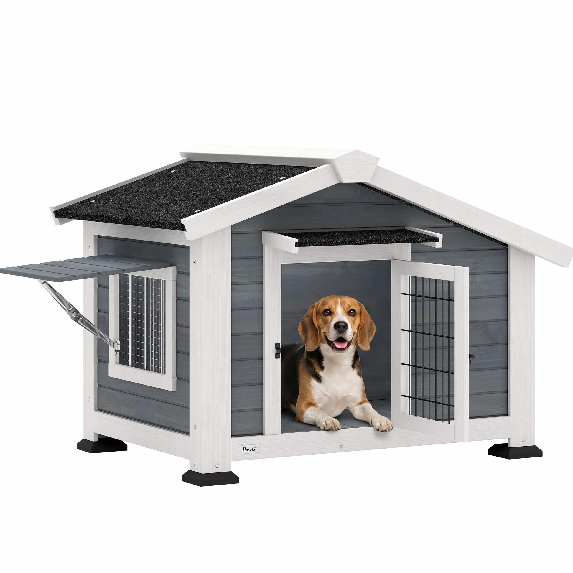 PawHut Cuccia per Cani da Esterno in Legno, Casetta per Cani Rialzato con Tetto Spiovente Impermeabile, Finestra Apribile, Facile Pulizia, Porta Ventilata, per Cani Piccola Media, 98x76x69.5cm