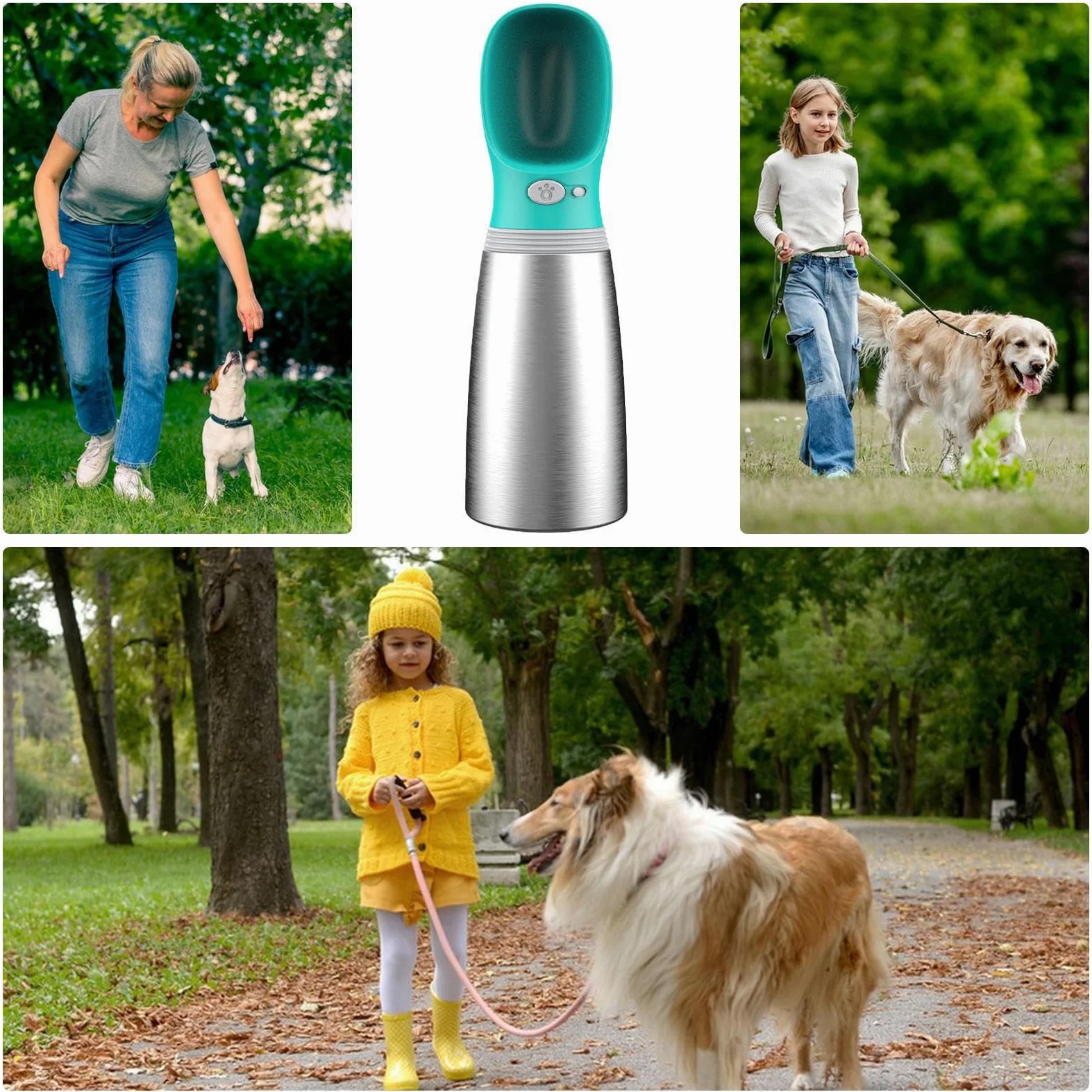 Bottiglia d'acqua da viaggio per cani, dispenser di idratazione per animali domestici, bottiglia in acciaio a prova di perdite con pieghevole, contenitore portatile per bevande all'aperto