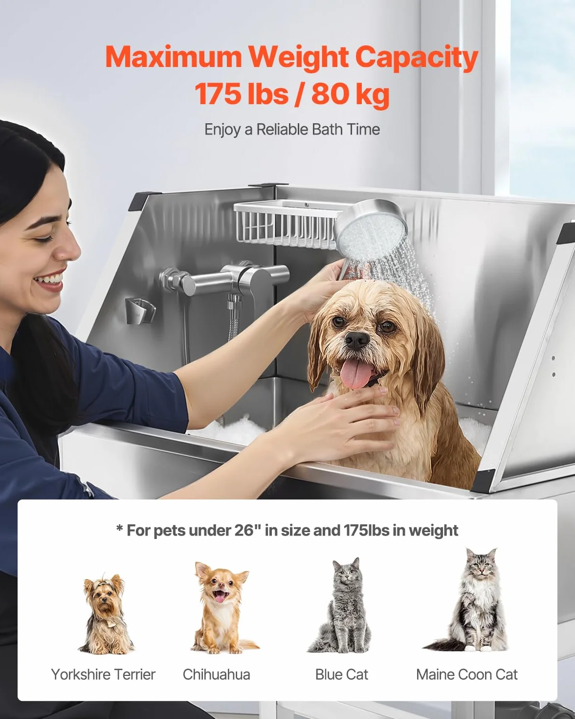 VEVOR Stazione di Lavaggio per Cani in Acciaio Inox, Vasca per Toelettatura per Animali Domestici da 86,36 cm con Rubinetto e Soffione Doccia e Palline da Gioco, per Cani per più Animali Domestici