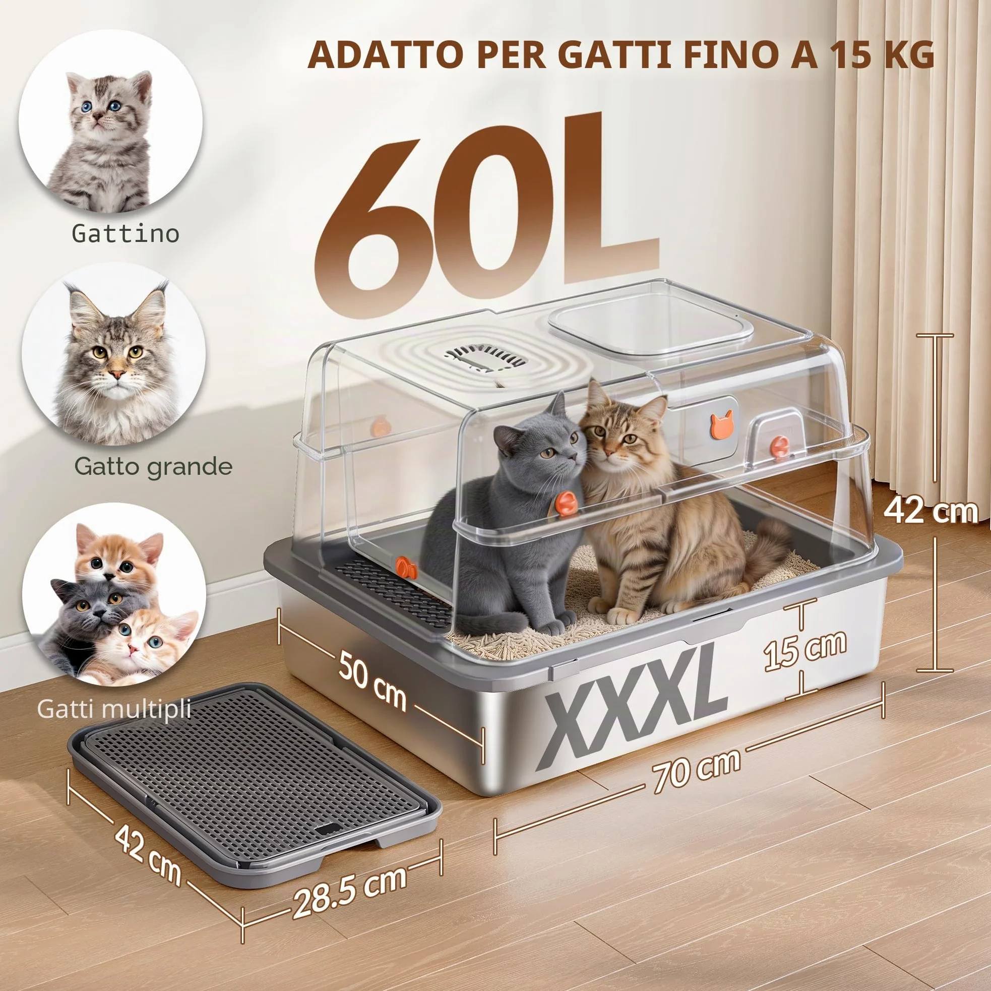 Lettiera Acciaio Inossidabile con Coperchio, XXXL Lettiera Gatto Chiusa, 70 x 50 x 42 cm, 105° coperchio incernierato, Include Pedale e Paletta, Design Modulare, Due Porte, Grigio Scuro