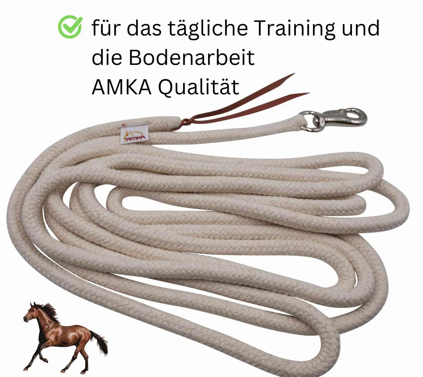 AMKA - Corda per pavimento in cotone + scacciatoia in pelle naturale, 7 m, con corda western Bull Snap