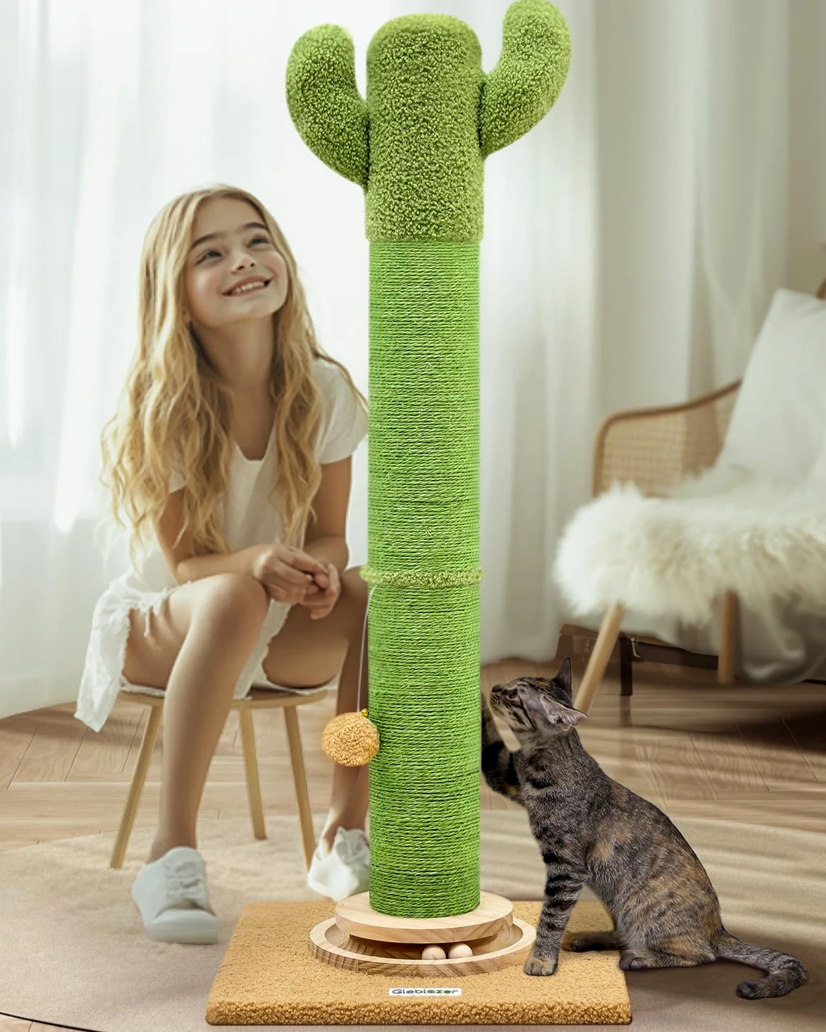 Globlazer Palo Tiragraffi Cactus Verde XXL, Colonne Tiragraffi Grandi Alto 94cm con Trackball Legno Peluche Giocattoli Stabil Base 11CM Palo Tiragraffi Sisal per Gatti Giocare Graffiare (SC37, Verde)