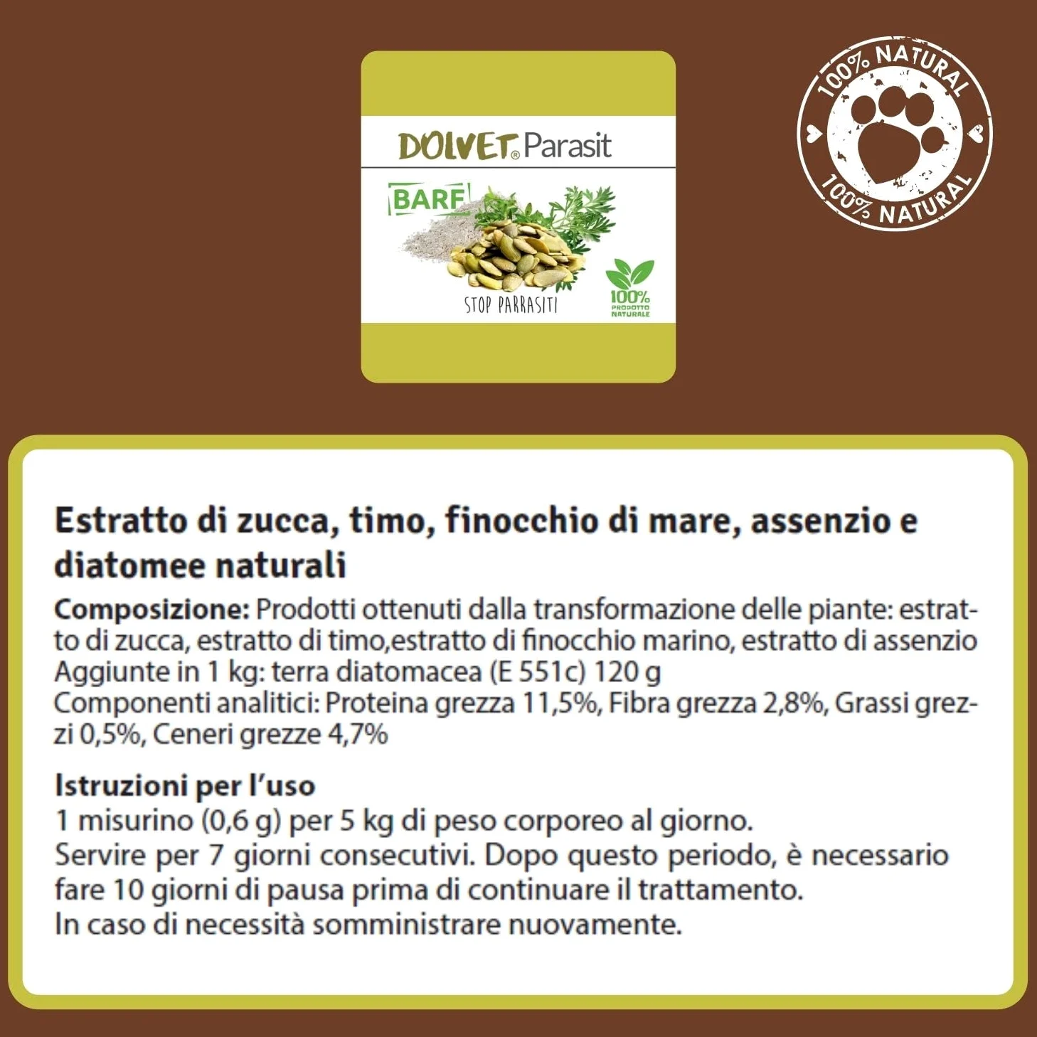 Dolvet Parasit Vermifugo per Cani e Gatti 70 grammi, Formulazione naturale sverminante, Combatte i Parassiti e Vermi dell'Intestino - Linea BARF