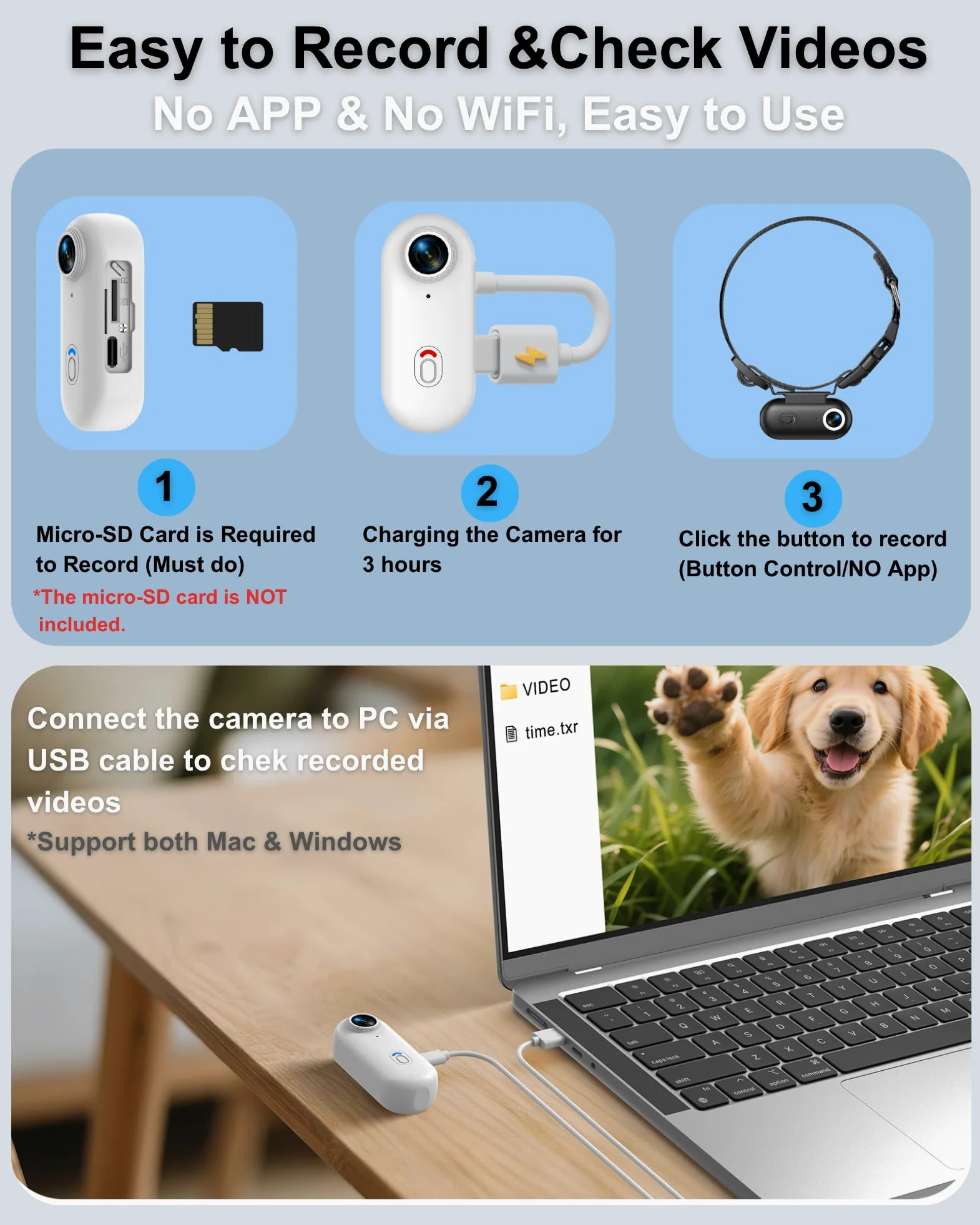 Collare per fotocamera per cani e gatti, 1080p HD registrazione video POV Cam per cani di taglia media e gatti grandi, taglia M, mini action camera ricaricabile con riproduzione USB su PC