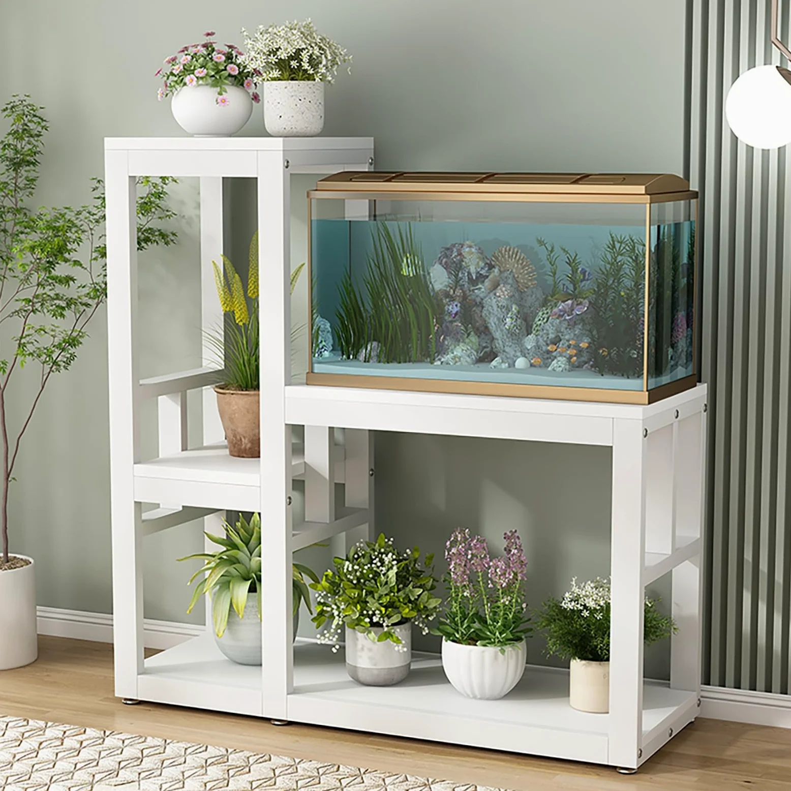 Supporto per Acquario in Legno Massello per 200L Mobile Acquario a Due Ripiani Supporto Robusto per Rettili Scaffale Portaoggetti Multifunzione per Casa Ufficio Studio(White,LxH90x40cm/35x16)
