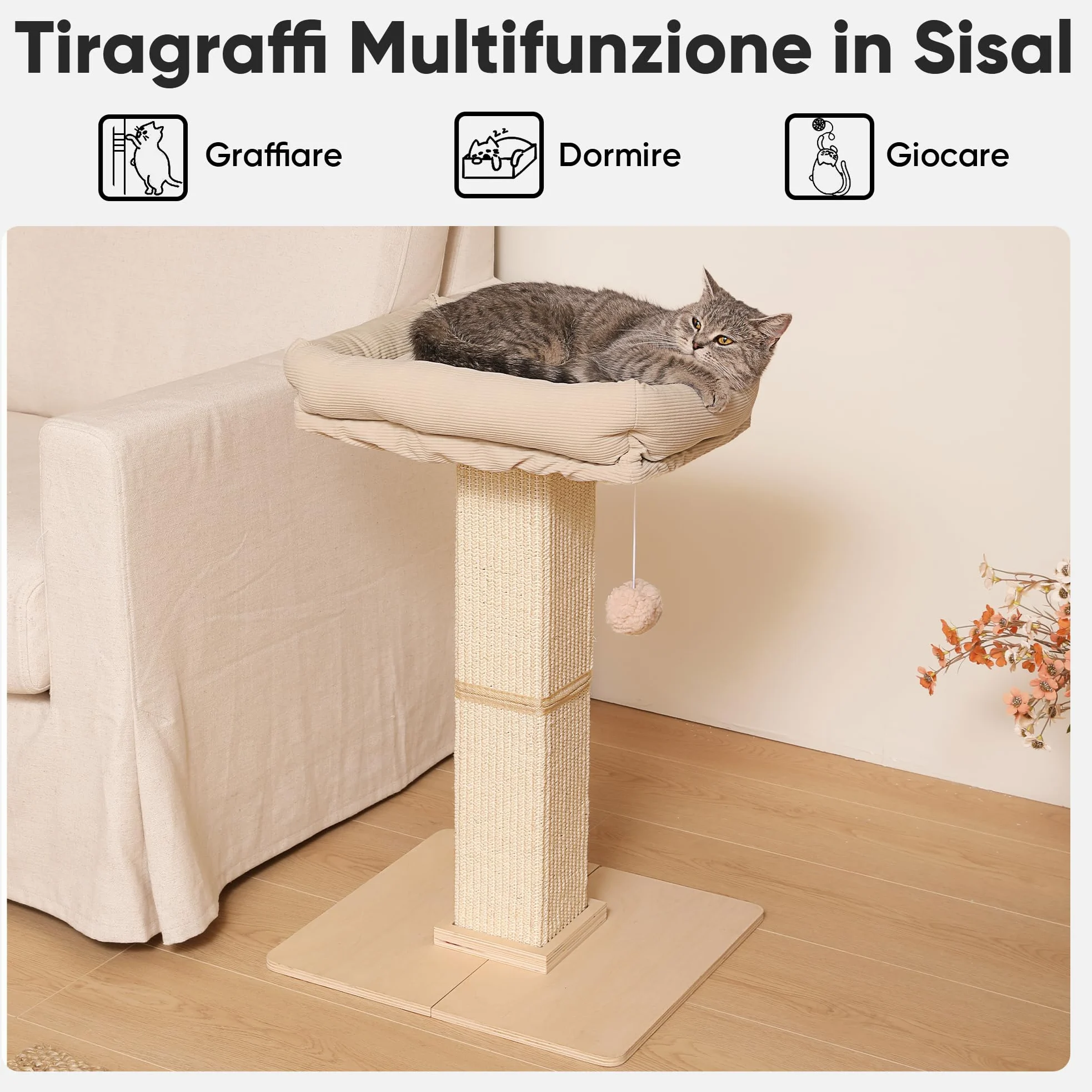 FUKUMARU Tiragraffi per Gatti, Moderno Palo Tiragraffi Alto con Cuccia per Gatti Adulti da Interno, Grande Albero Graffi con Cuccia, Struttura in Legno Massello e Sisal Naturale