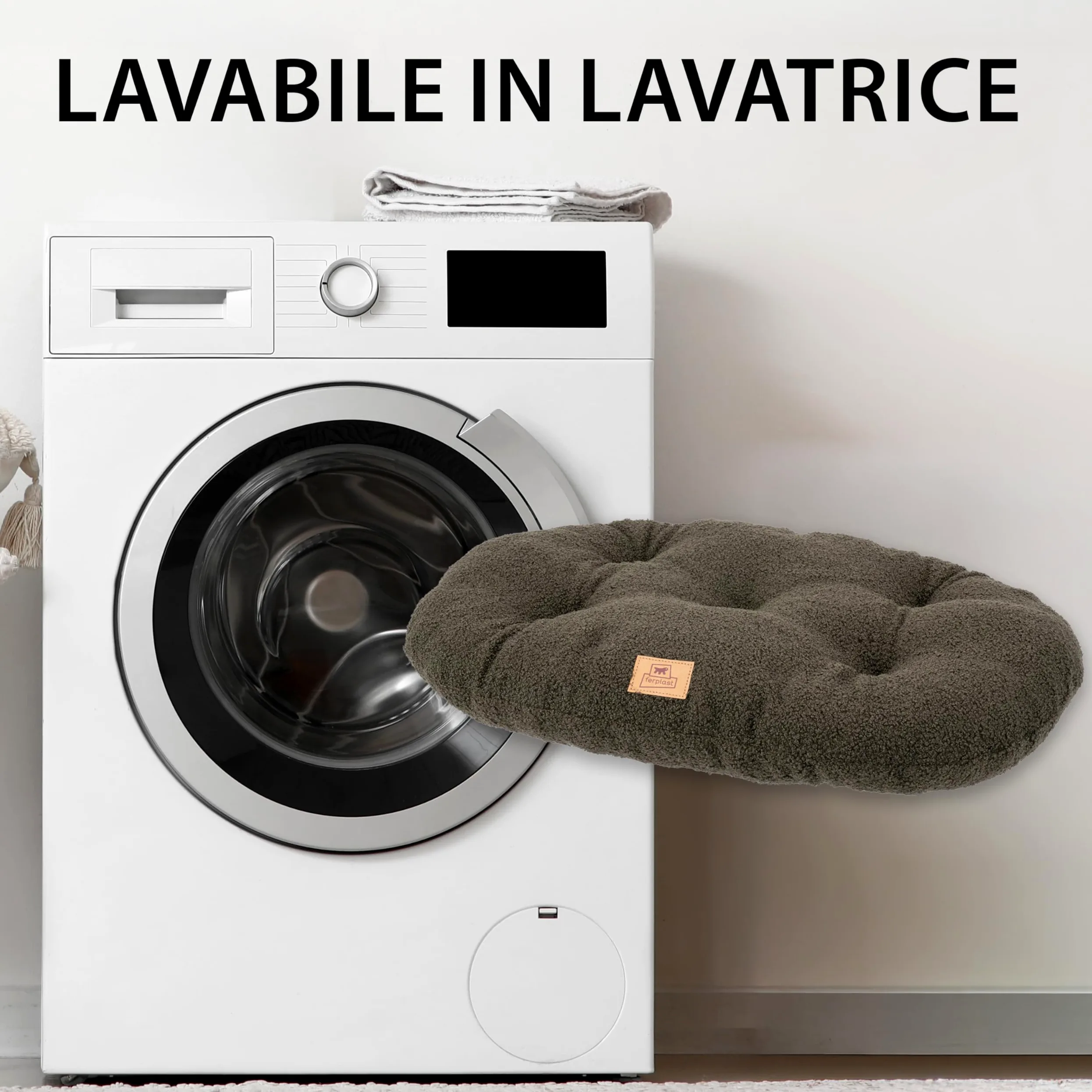 Ferplast Cuccia Cane Cuscino per Cani grandi, Cuccia Gatto, Tessuto Lavabile in Bouclé Sintetico, Imbottitura Soffice, 85 x 55 x h 5 cm. Verde