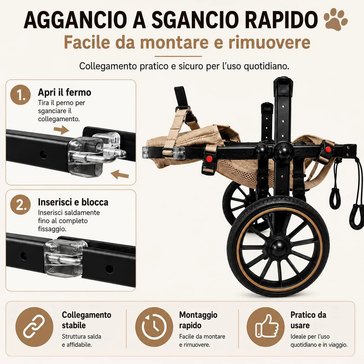 Carrellino per Cani Regolabile, Zampe Posteriori，XL | Telaio in alluminio, ruote ammortizzate, design igienico aperto e fibbia rapida. Allevia l'artrosi senza stress.