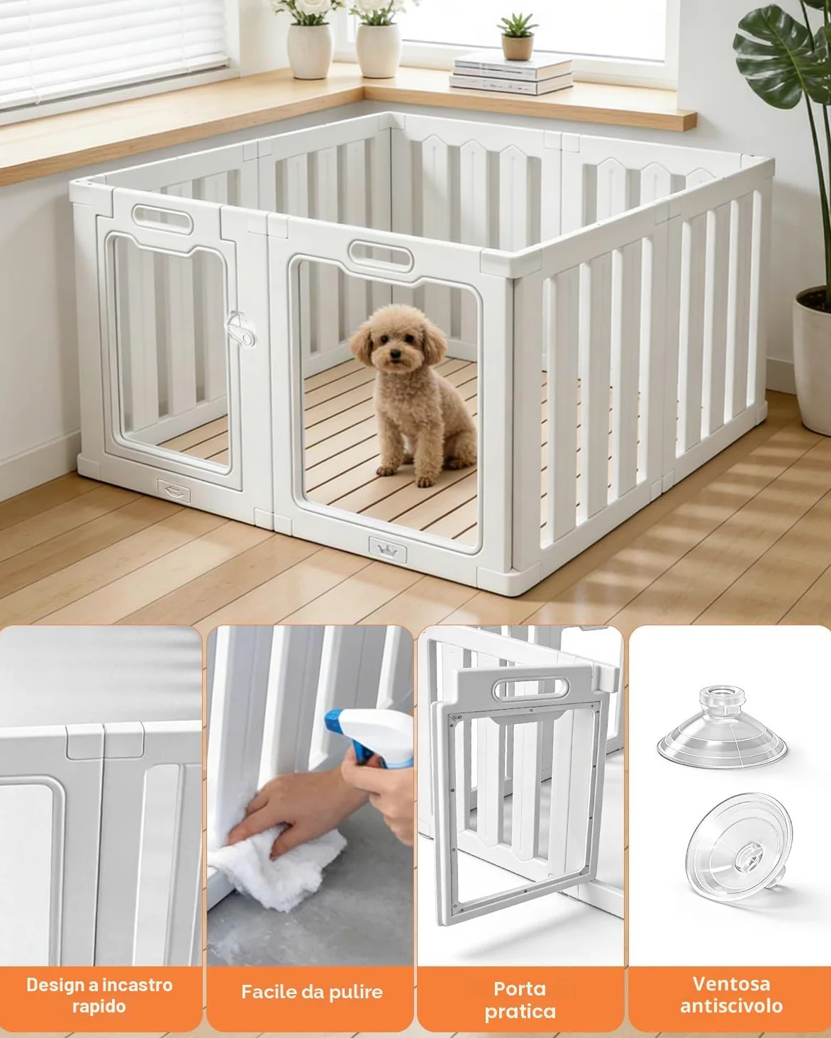 Recinto per Cani da Interno in Acrilico 100 × 60 cm, 8 pannelli Recinto per Cani Pieghevole, fai da te per cani di piccola e media, gatti e conigli, recinzione in plastica per interni, colore bianco