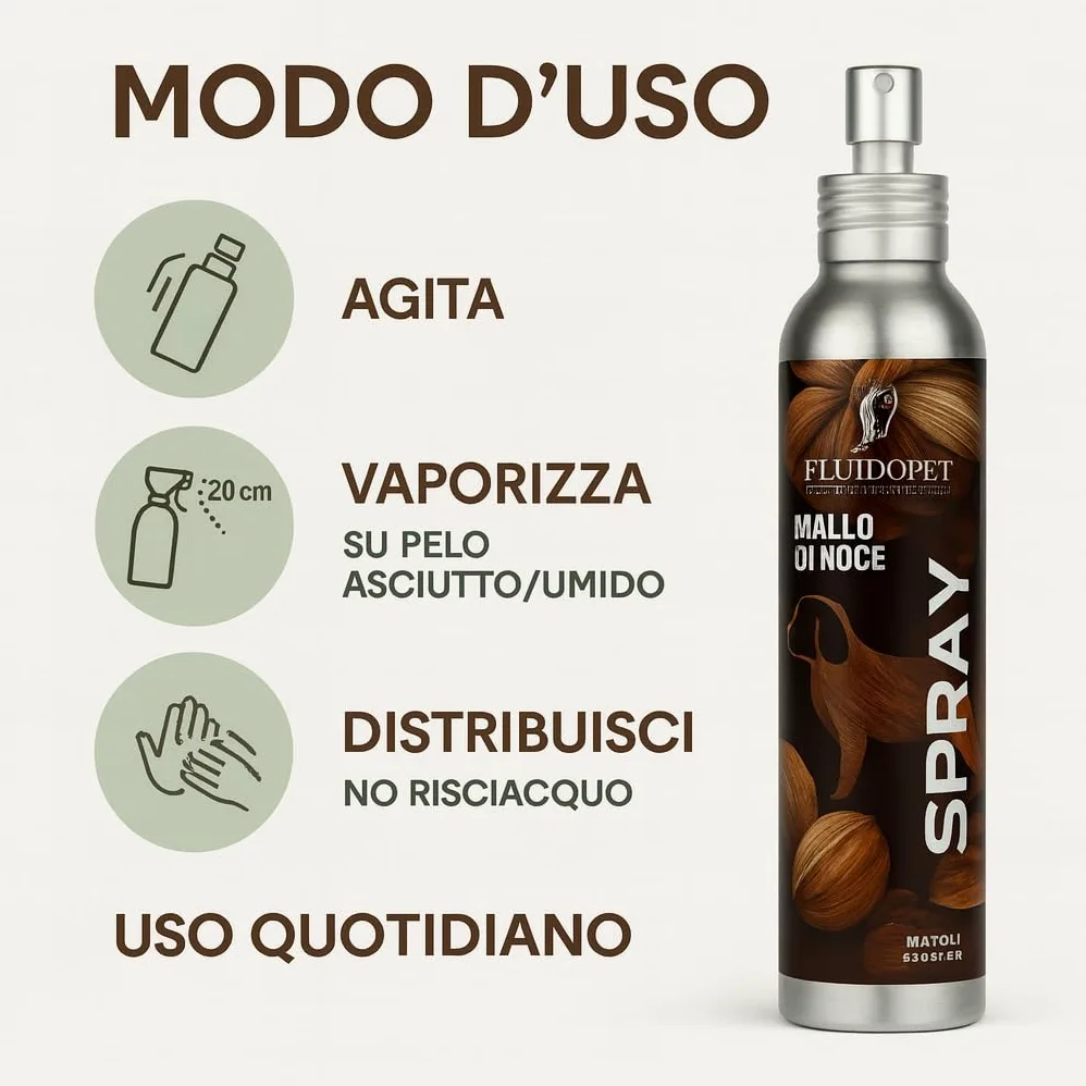 Spray al Mallo di Noce | Ravvivante colore per Manti Neri, Marroni e Scuri – Effetto Naturale e Brillante – Lucidante Professionale per Pelo Cane (150ml)